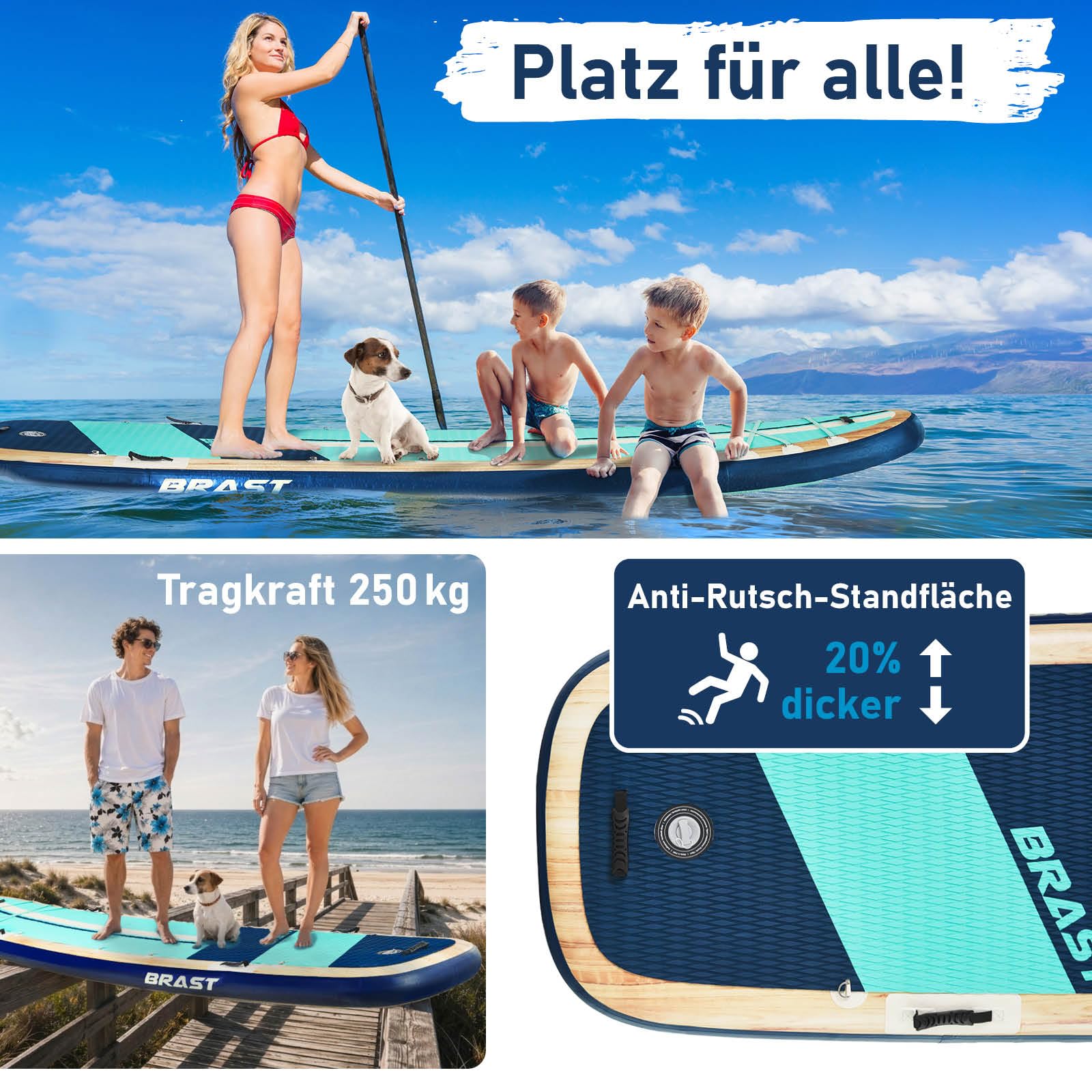 BRAST SUP Board Family | Aufblasbares Stand up Paddle Set XXL | 370x87x15cm bis 250kg | 7 Designs | inkl. Zubehör 2X Kajak-Sitz 2X Fußschlaufe 2X Paddel Pumpe Rucksack