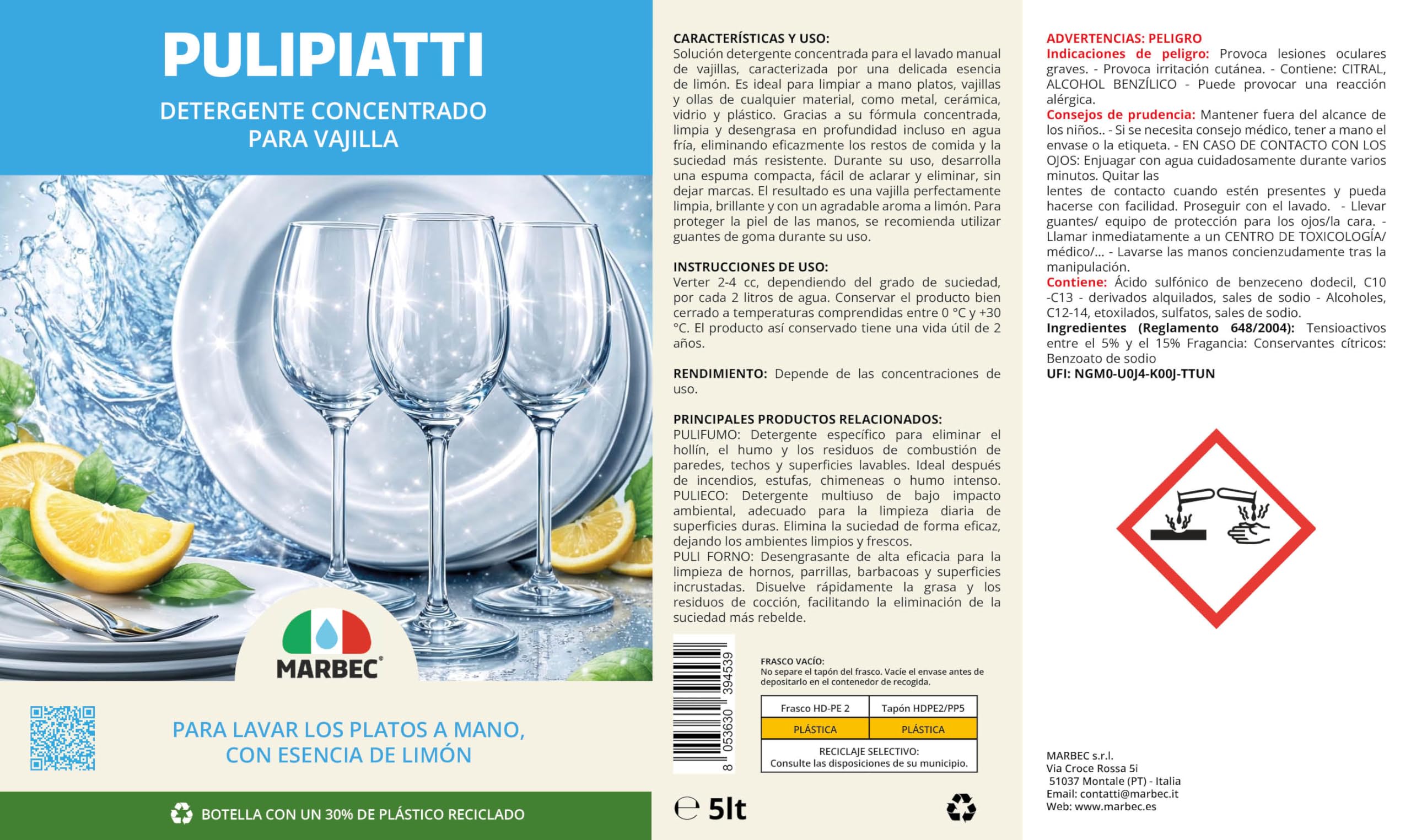 MARBEC PULIPIATTI 5LTx4UDS Detergente para platos concentrado, desengrasante eficaz en agua fría, enjuague rápido, fragancia de limón.