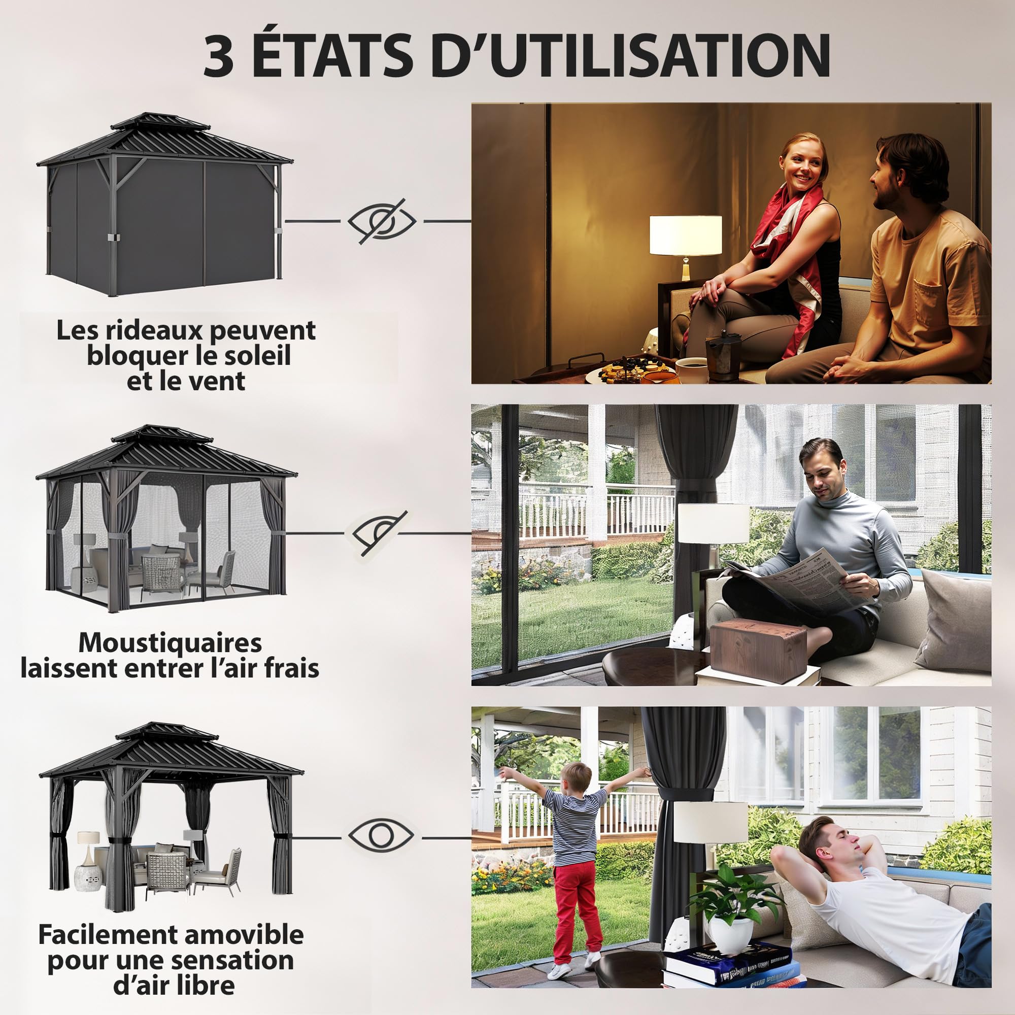 Outsunny Pavillon 3 x 3,6 m Toit Rigide Acier Galvanisé UPF50+ Gris Foncé