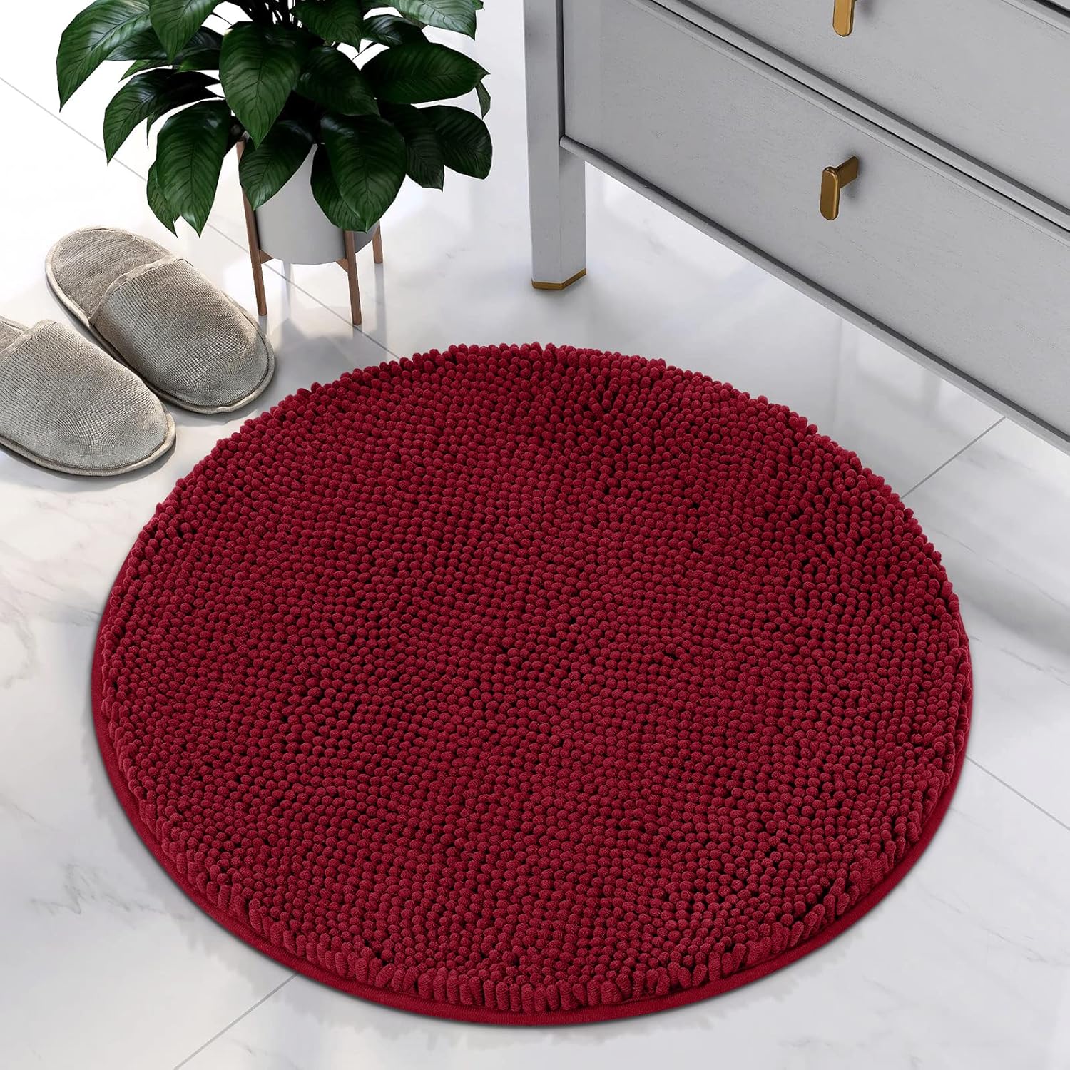 HOMEIDEAS Round Bathroom Rug, Luxury Chenille Shaggy Extra Soft and Absorbent Non Slip Machine Washable Bath Mat (Burgundy Red, 2 Ft) 2Ft Round Burgundy Red