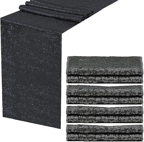 Miniatura 7 de Camino de mesa de lentejuelas negras, 1 paquete de 12 x 72 pulgadas de largo, camino de tela brillante con purpurina para decoración de mesa redonda