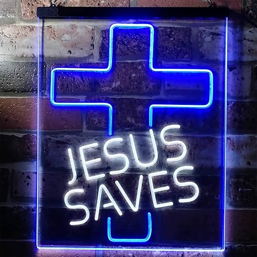 Miniatura 2 de Jesus Saves Cross Decoración del hogar Luz nocturna LED de doble color Señal de neón blanco y azul 12 x 16 pulgadas st6s34-i3140-wb