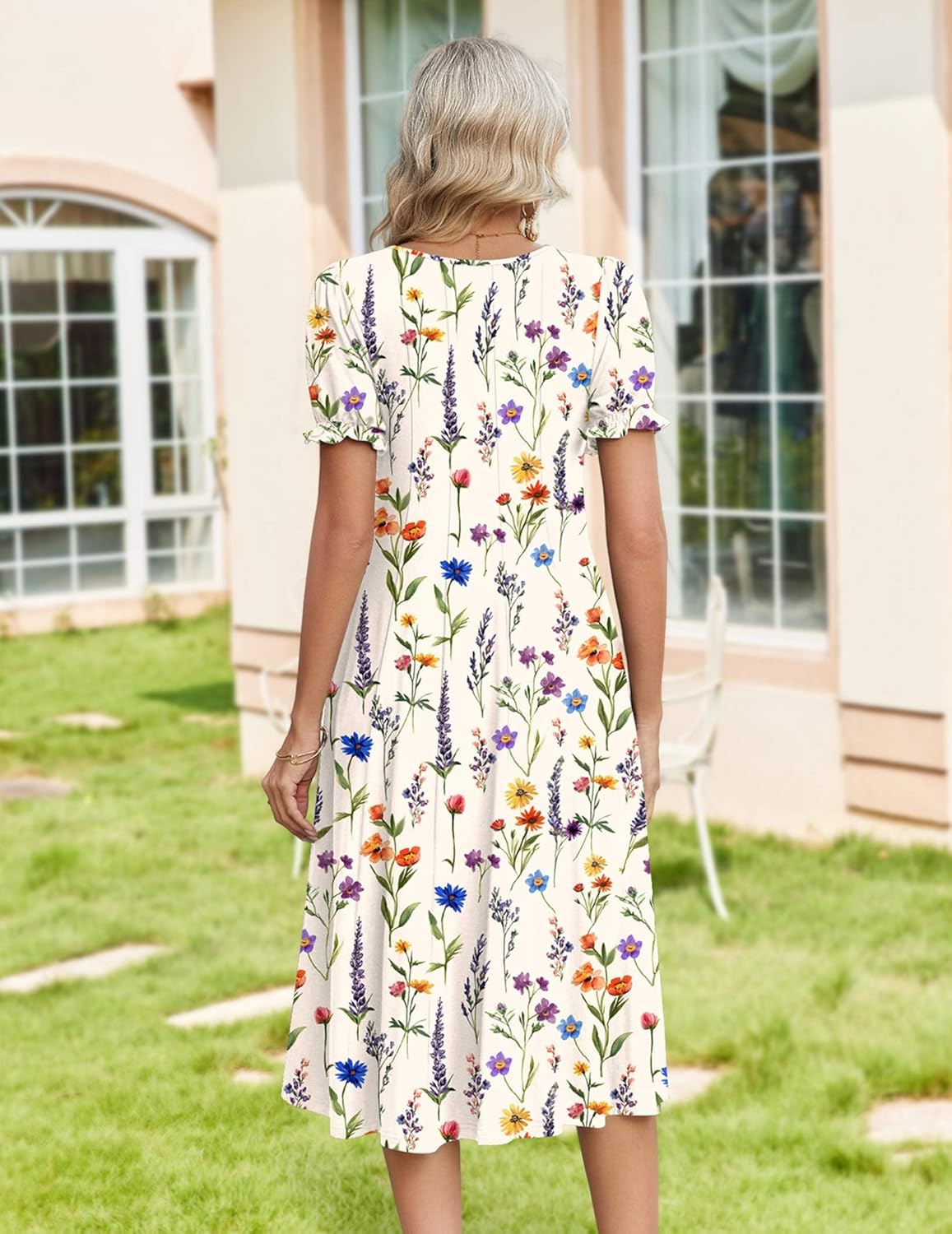 Zeagoo Womens Summer Dress Casual Midi Dresses 2026 Short Puff Sleeve Flare Dress Pleated Flowy Sundress with Pockets - Image 2