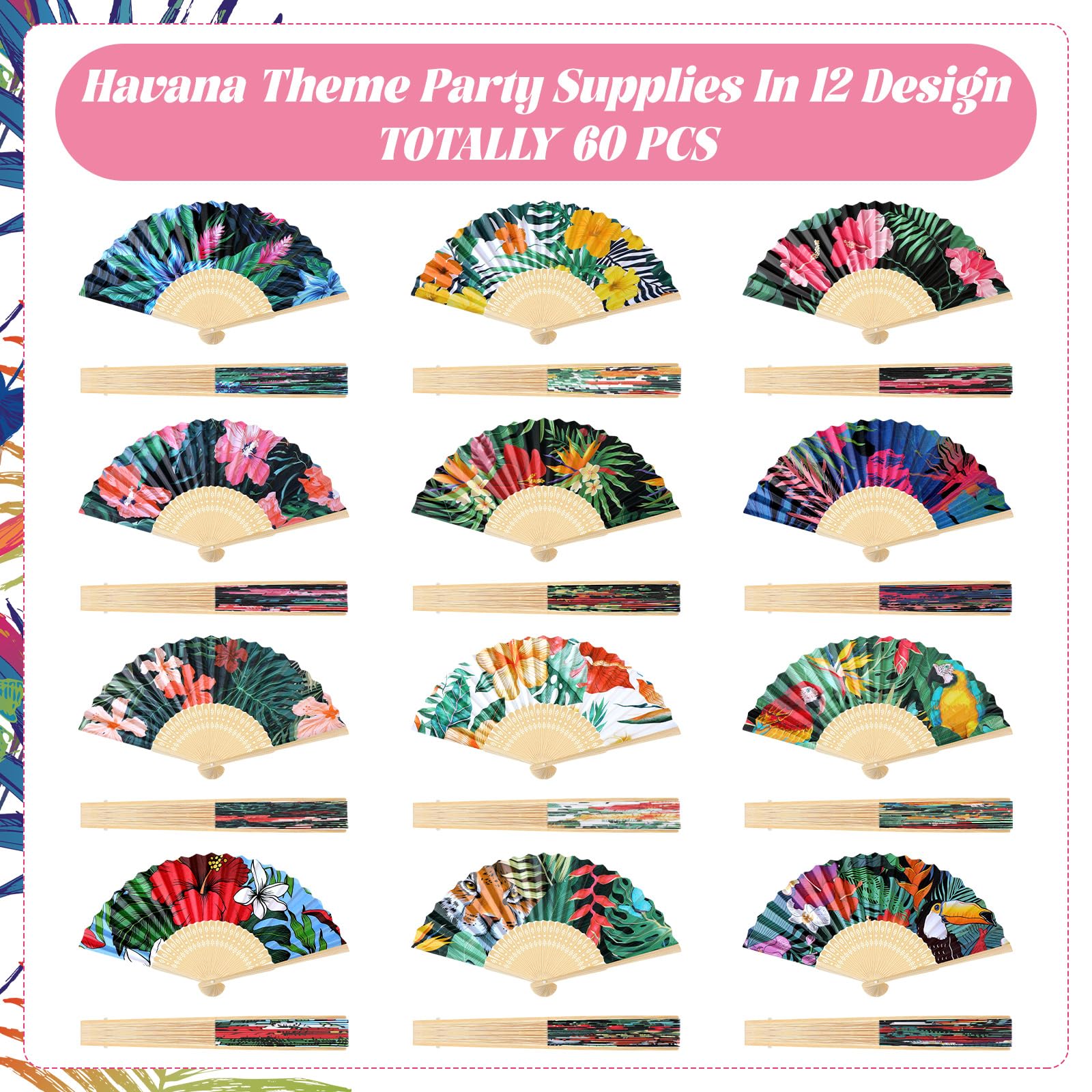 Karenhi 60 Pcs Havana Nights Folding Fans Bulk Hibiscus Tropical Folding Cuban Hand Held Fans Havana Nights Party Decorations for Hawaiian Luau Wedding Party Supplies