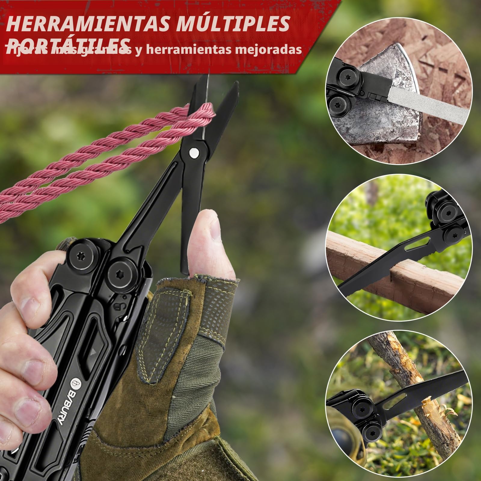 BIBURY Multiherramienta de alicates, navaja multiusos de acero inoxidable con tijeras y juego de destornilladores, portátiles alicates plegables para la trabajo exterior, camping, reparación - Pro-N