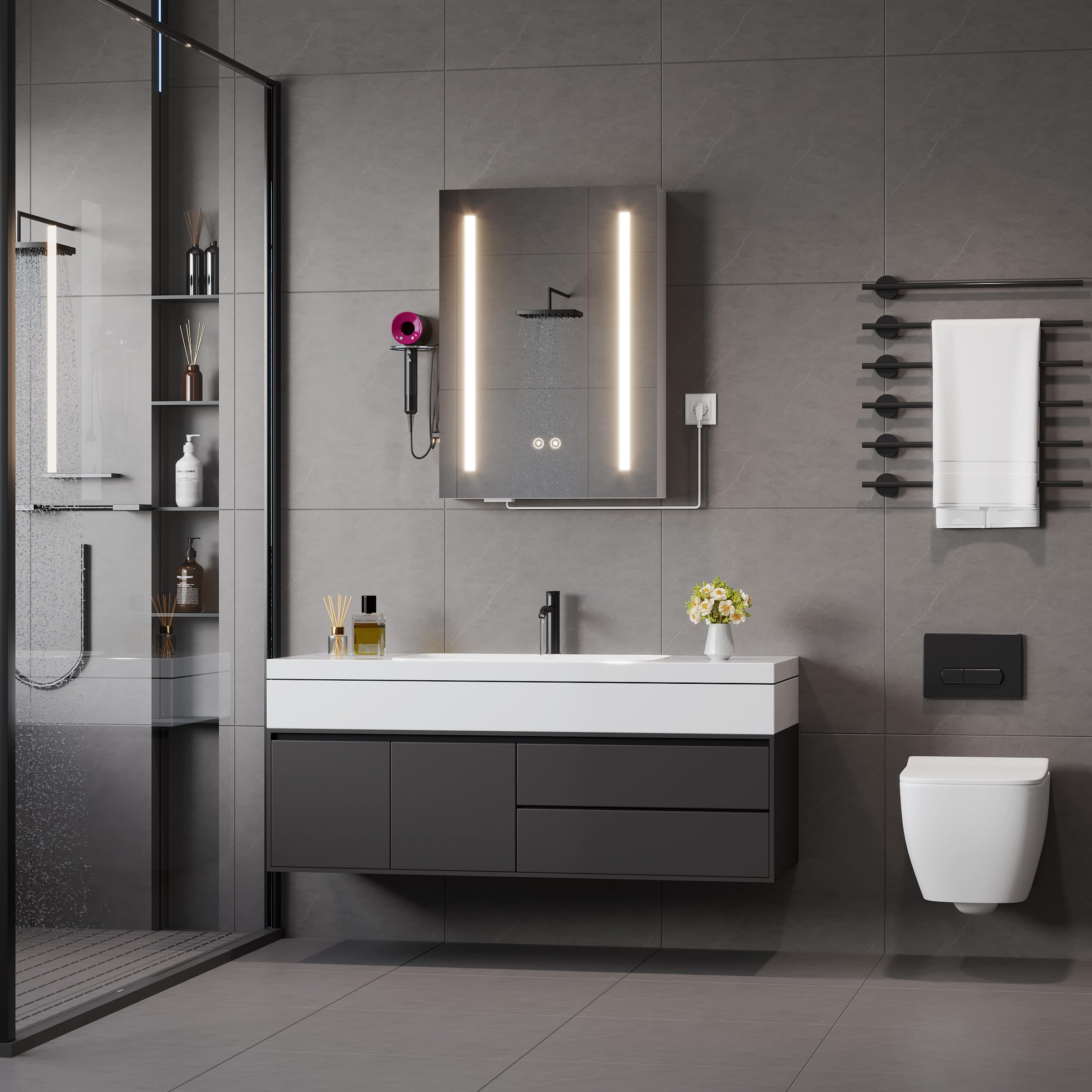 Armoire Murale Salle De Bain avec 3 Couleurs Miroir LED & 2 AC et 3 USB, Fonction DéShumidification et MéMoire,Meuble Salle De Bain Rangement avec éTagèRe RéGlable & Rangement (50x70x15cm, Blanc)