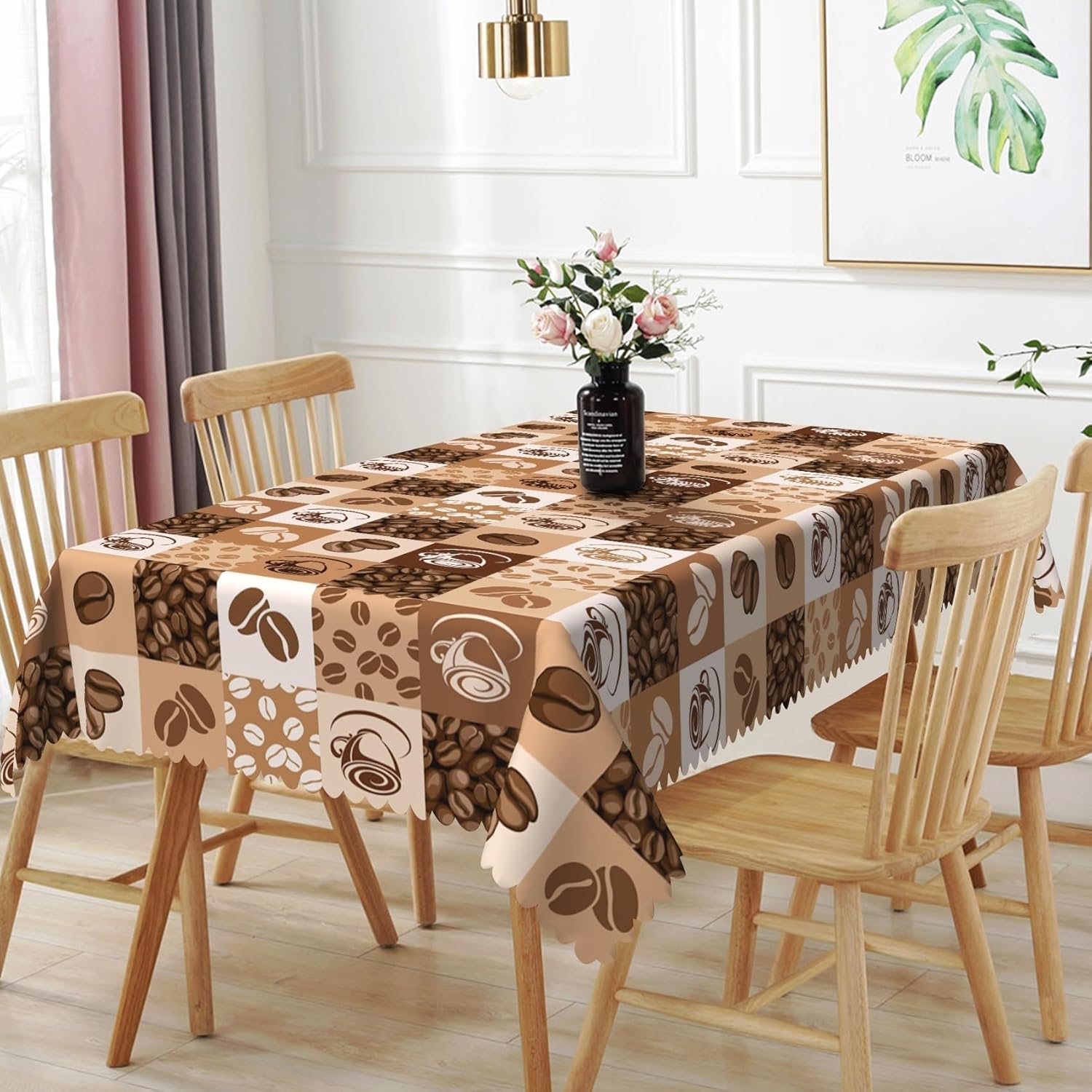 Laeacco 84x60 inch Coffee Beans Print Tablecloth Coffee Cup Hand Drawn Sketch Rectangle Tablecloth Rerto Plaid Waterproof Home Table Cloth for Dining Room Kitchen Cafe Table Decor