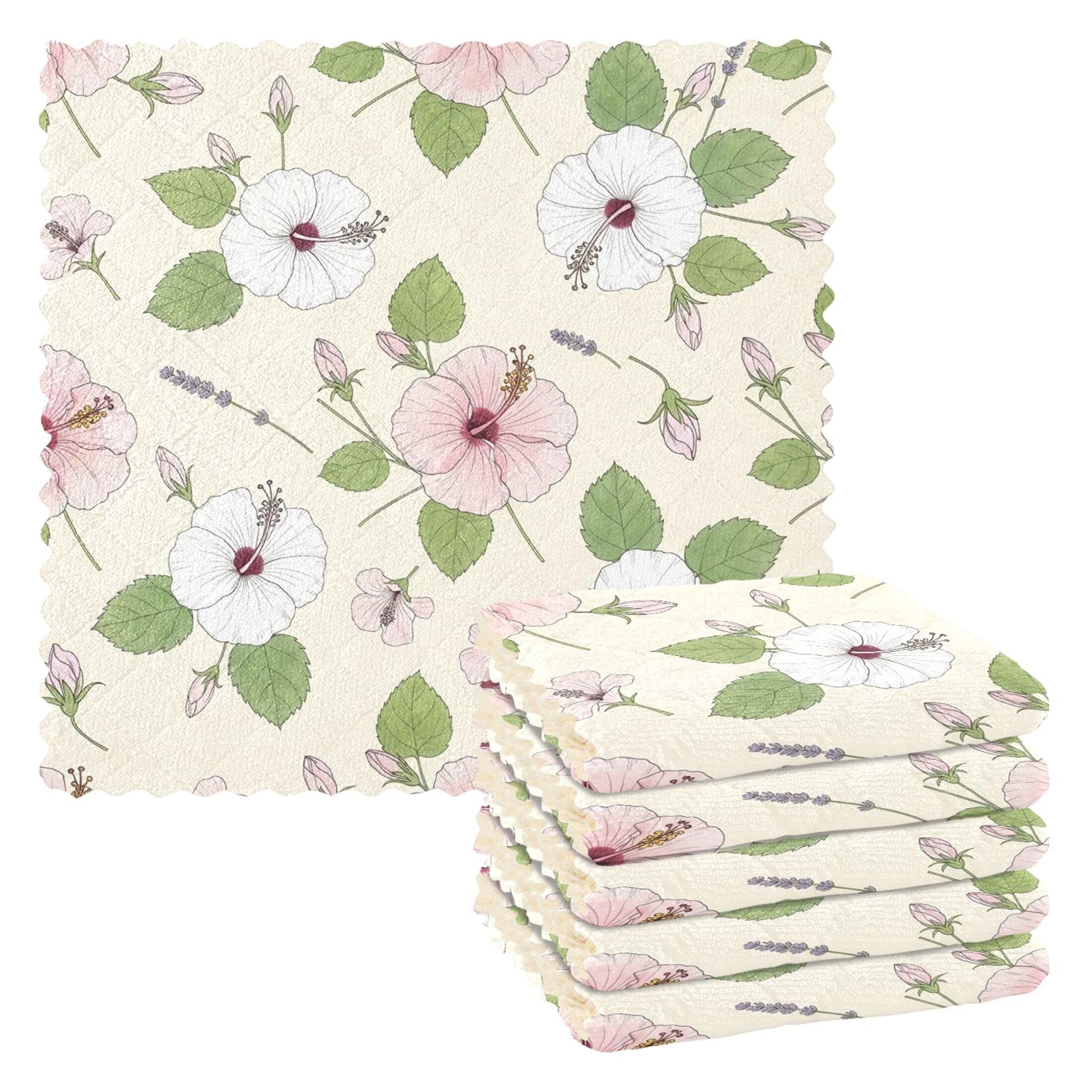 Fuauuyl Hibiscus Kitchen Dish Towel Set of 6, Soft Absorbent Washable Cleaning Cloths Dish Rags Tea Bar Drying Towels, 11x11 In