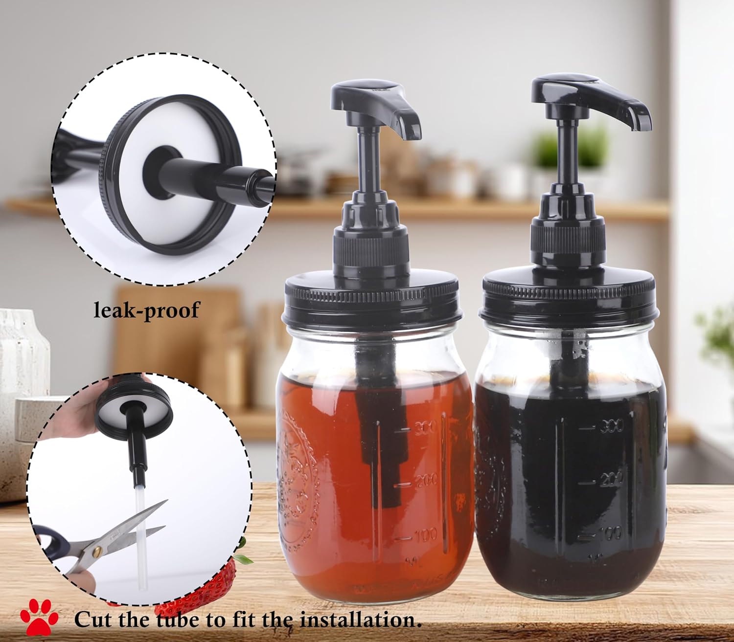 Glass Mason Syrup Sauce Bottle With Dispenser Pump 16 Oz Mason Jar Honey Coffee Syrup Condiment Ketchup Container Food Grade Airtight & Leak-Proof -2 set