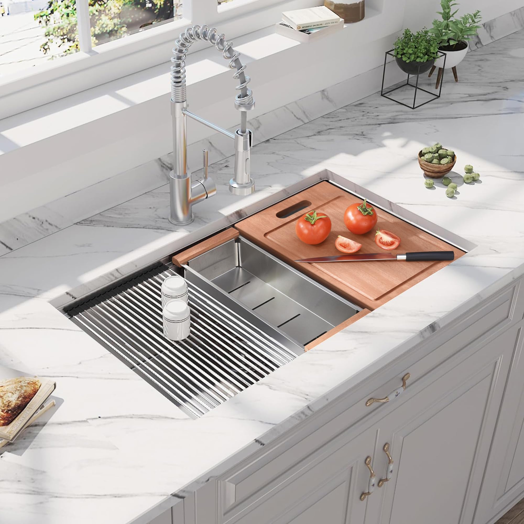 Lavello da cucina sottopiano da 81,3 cm, in acciaio inox, realizzato a mano, moderno, a vasca singola, profondo, R10, con sporgenza e accessori (confezione da 5)