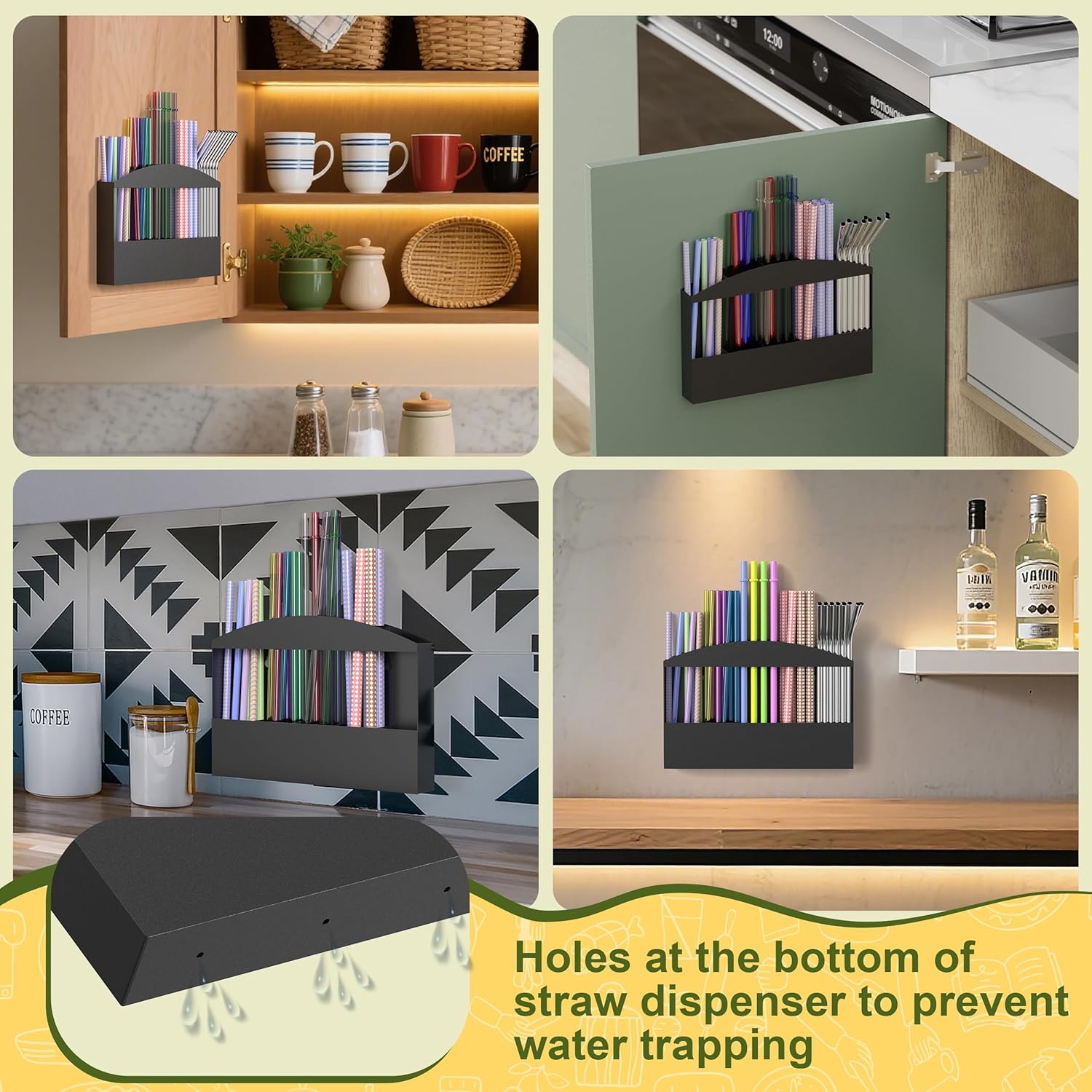 MyLifeUNIT Straw Holder for Cabinet Door, Metal Straw Dispenser Organizer Wall Mount with Double Sided Adhesive Tape, Compatible with Tumbler Straws and Coffee Stirrers - Image 7