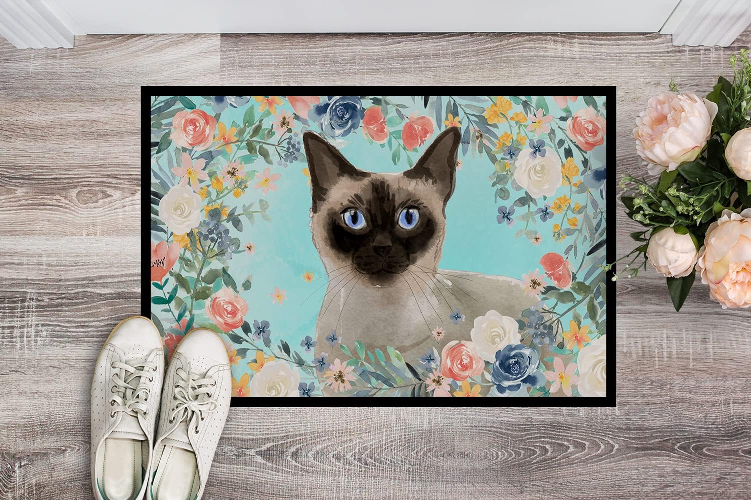Caroline's Treasures CK3398MAT Siamese Spring Flowers Doormat 18x27 Front Door Mat Indoor Outdoor Rugs for Entryway, Non Slip Washable Low Pile, 18H X 27W