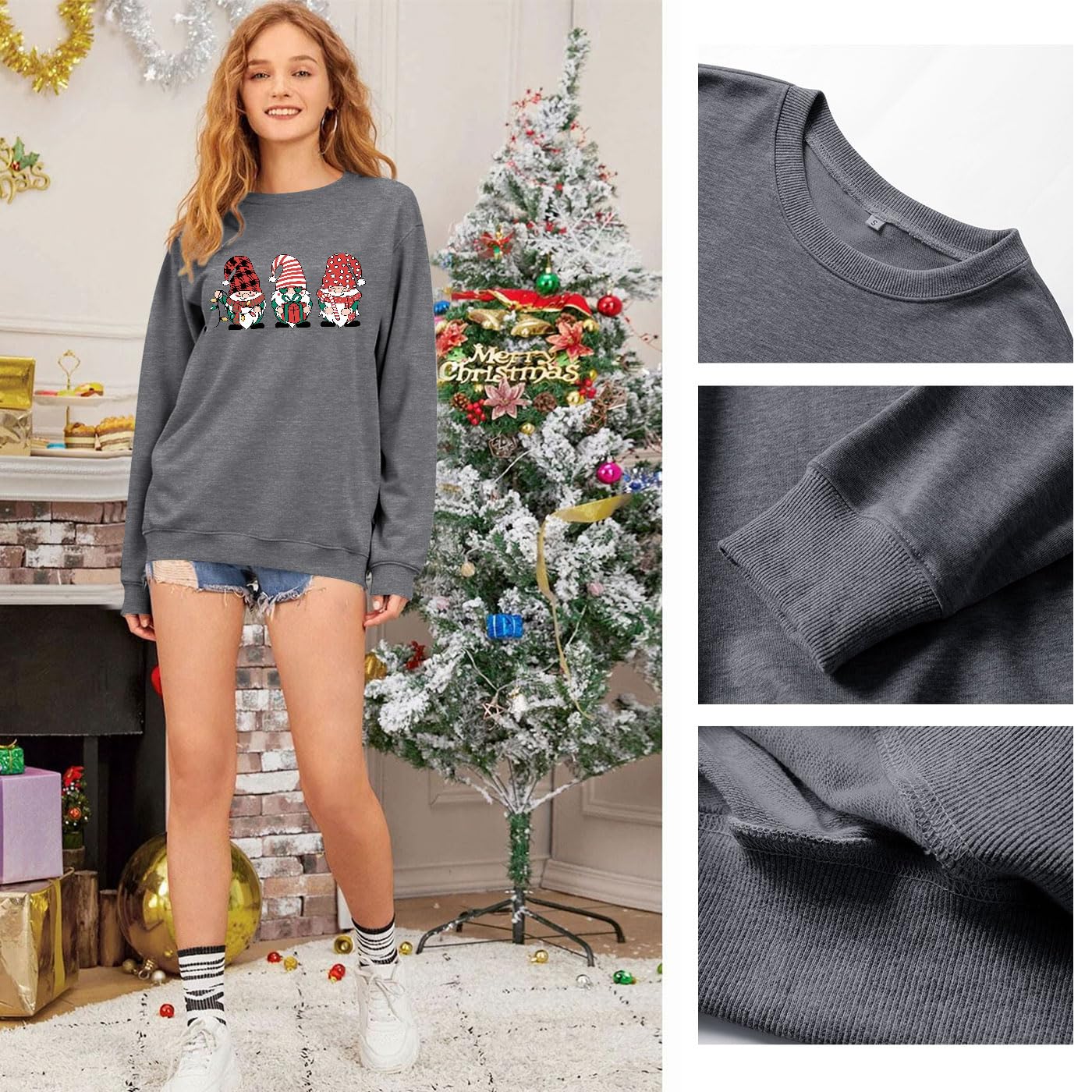 WIEIYM Felpa natalizia, a maniche lunghe, con stampa, girocollo, per feste, autunno, inverno, a maniche lunghe, elasticizzata, leggera, basic, Grigio neutro, M
