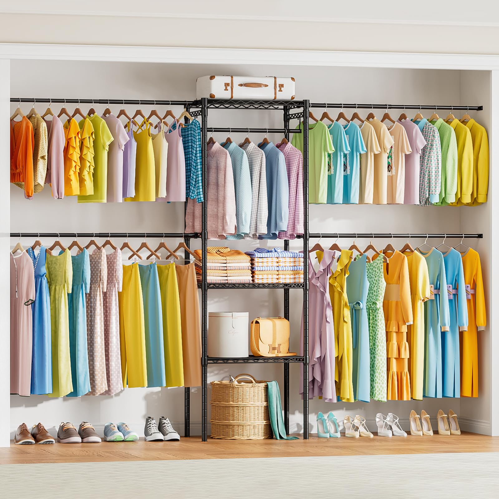 KZOBYD Clothes Rack with 4 Expandable Clothes Rail Rods, Wall Mounted Clothing Rack with Storage Shelf, Adjustable Width 22.8-42.5 Inches, Garment Coat Storage Tidy Rail Rack Closet Organiser