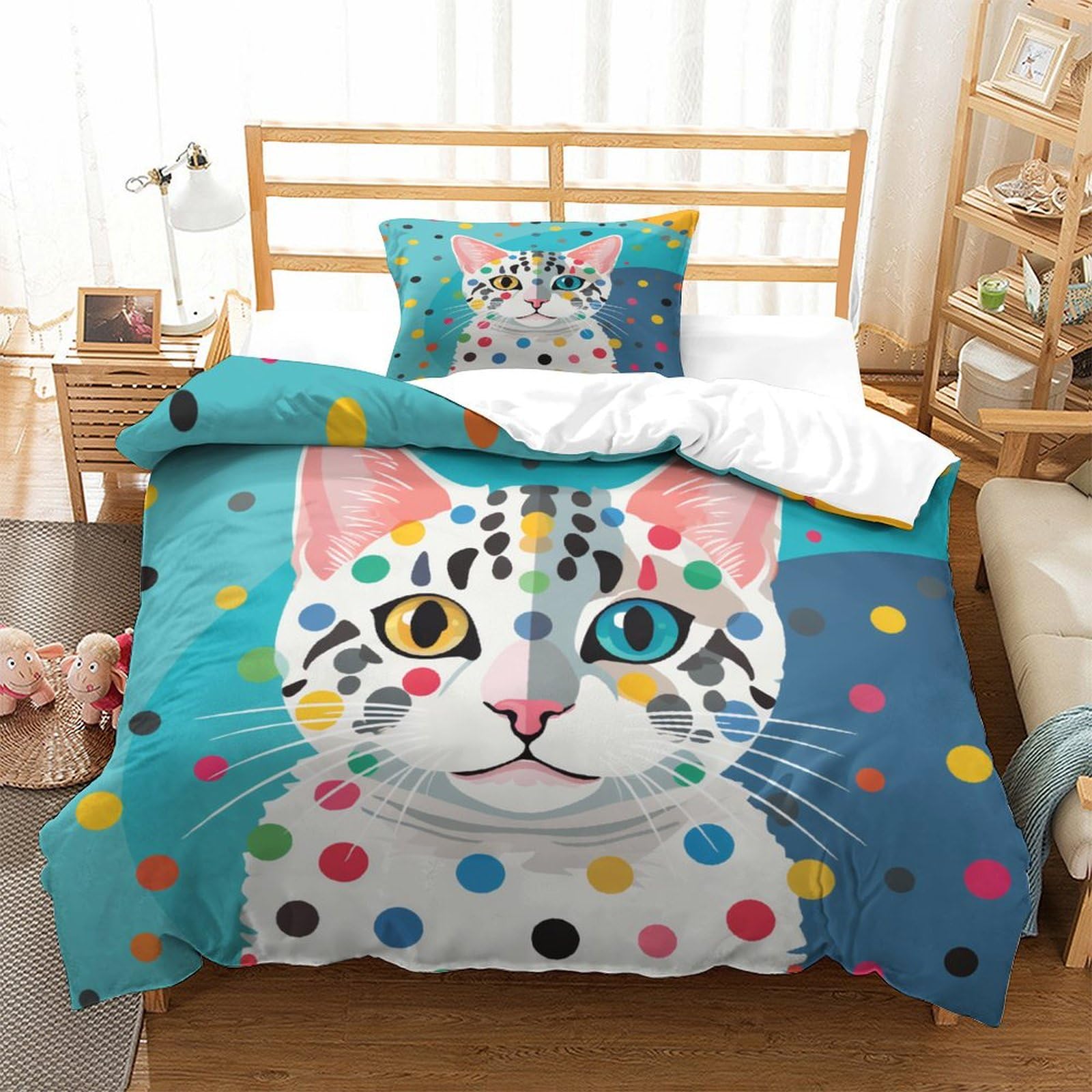 P1S9U7W5Y Playful Cat 3D Printed Duvet Cover Set 3pcs Microfiber Polka Dot Cat Bedding Set Single