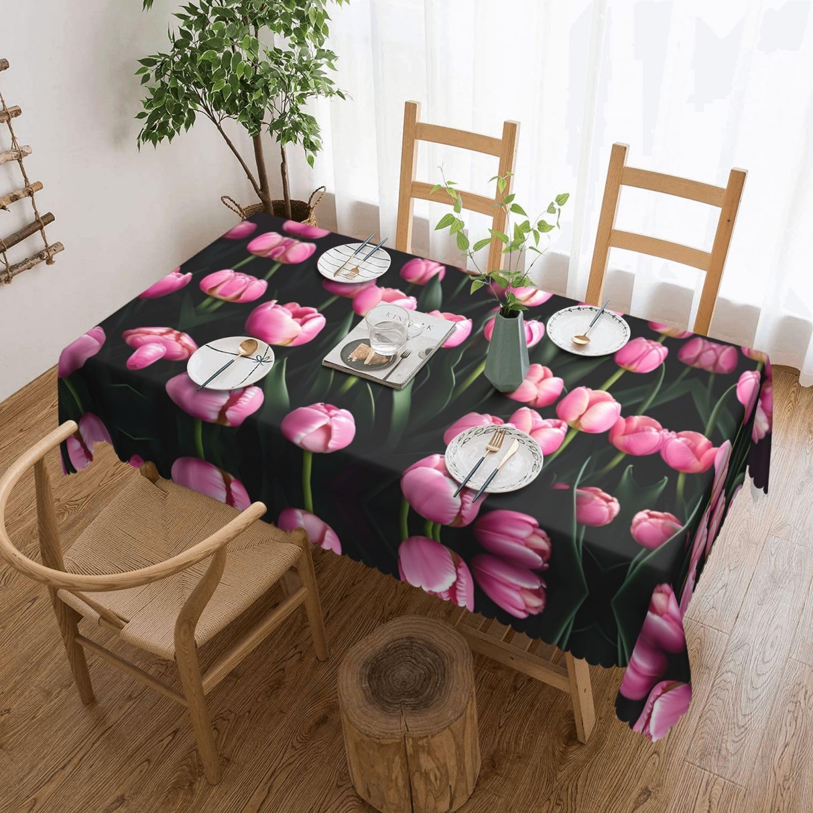 HLBSDM Pinks and Tulips Print Rectangle Washable Tablecloth Decorative Table Cover for Dining Table Buffet Parties