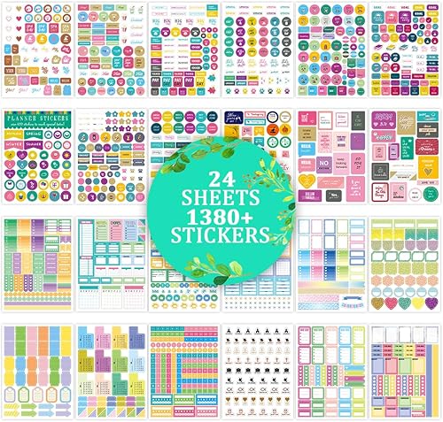 Miniatura 1 de Calcomanías de planificador estético, 24 hojasmás de 1380 calcomanías de planificador diario, fecha, mes, número, accesorios de planificador