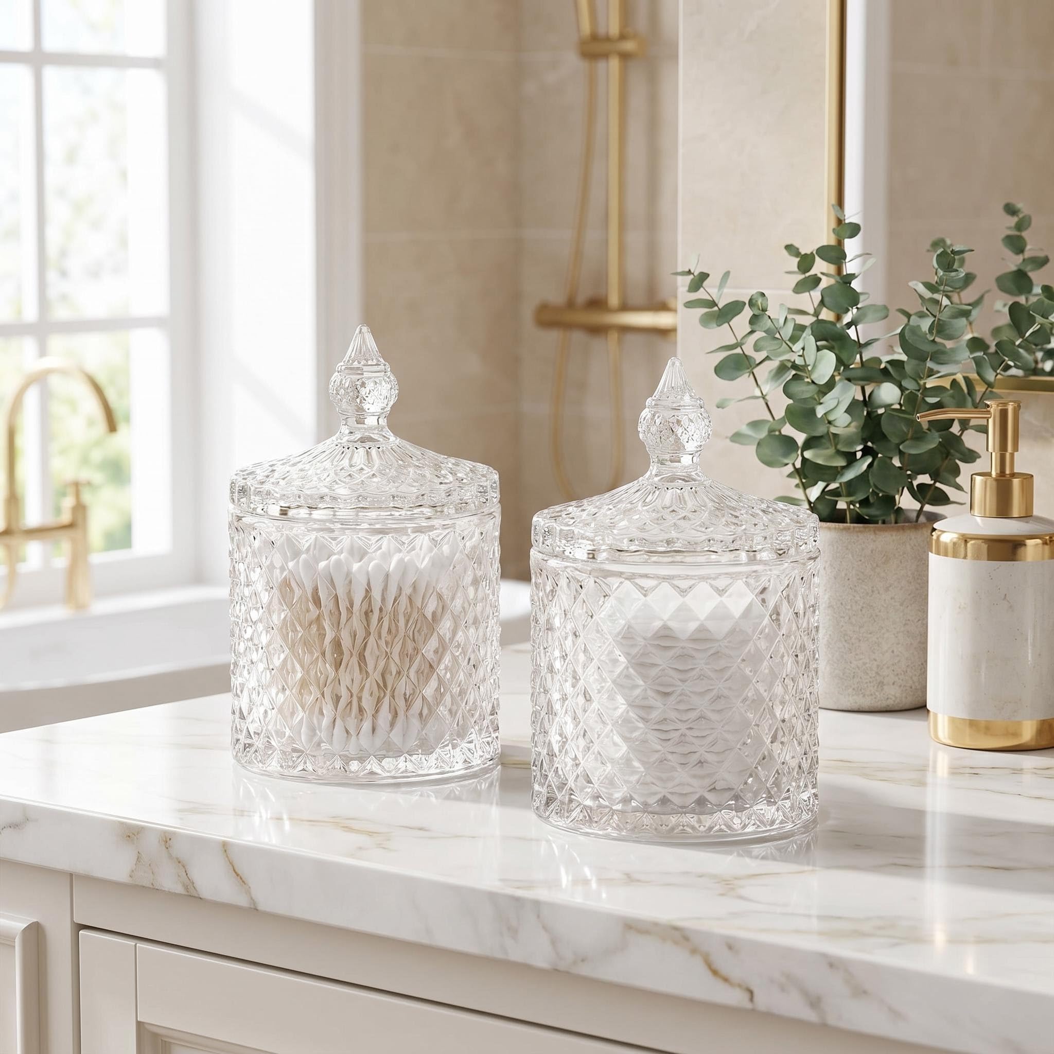 Organizador de Bolas de algodón y Soporte de hisopo, Cristal Transparente para encimera, tarros con Tapa, tarros de boticario, Organizador de Maquillaje para Almohadillas