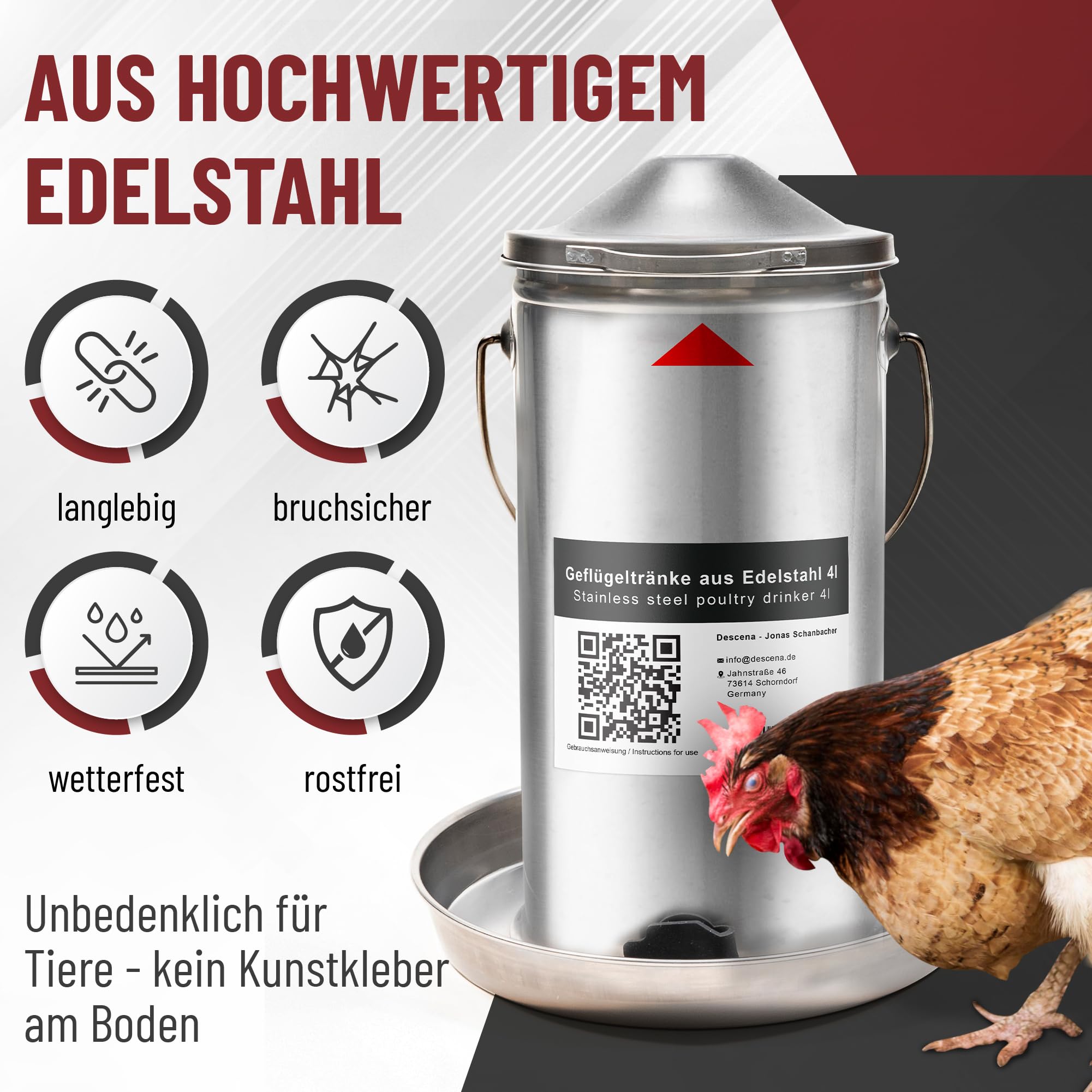 Descena Hühnertränke Edelstahl 4L – Geflügeltränke von Oben befüllbar | Rostfreier Edelstahl 304 (V2A), automatische Wasserregulierung, spülmaschinengeeignet, Tränkenwärmer-kompatibel