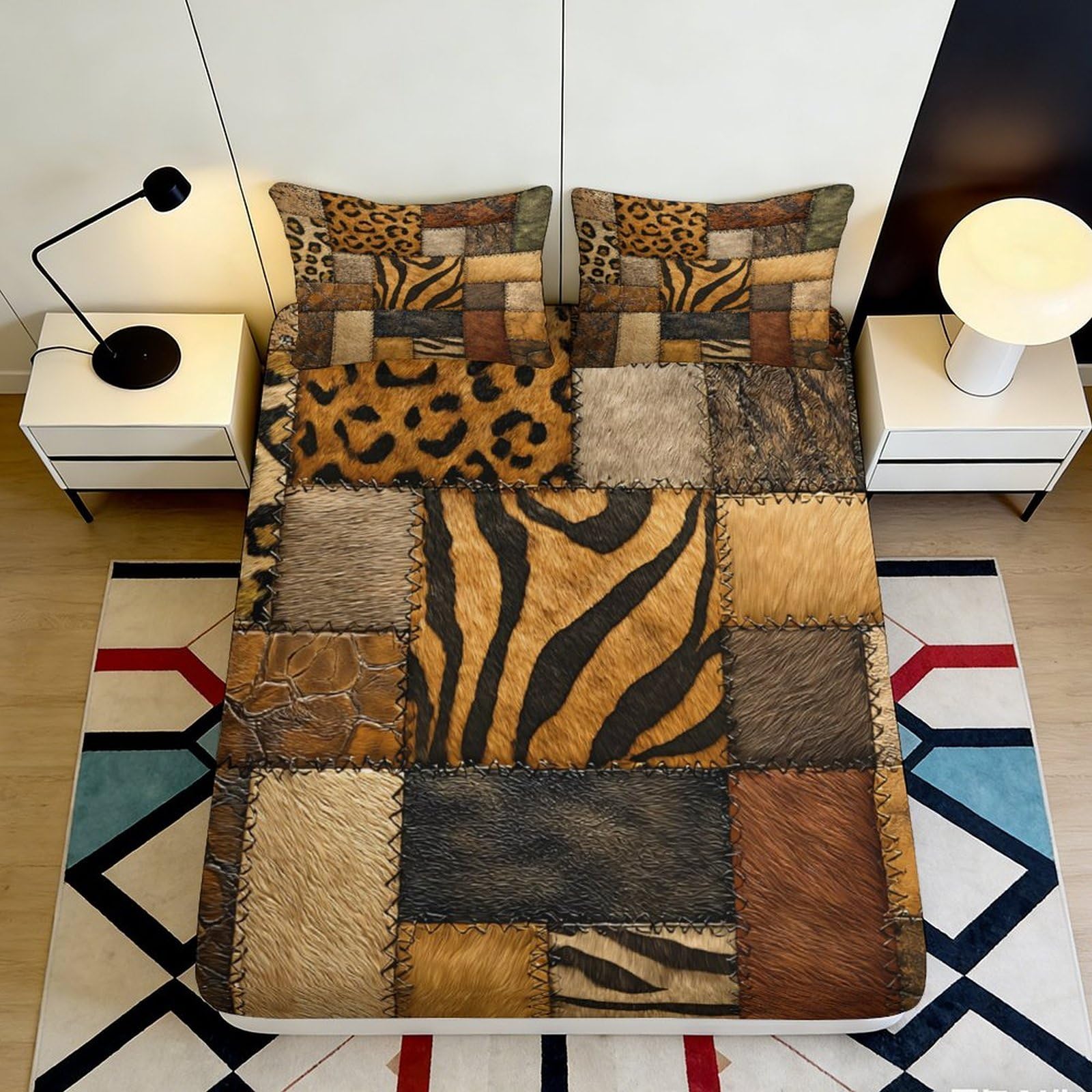 3D Printed Animal Patchwork Fitted Sheet Microfiber Soft Breathable Leopard Tiger Bed Cover for Bedroom Dorm Mattress Protection Decor 160x200x25cm
