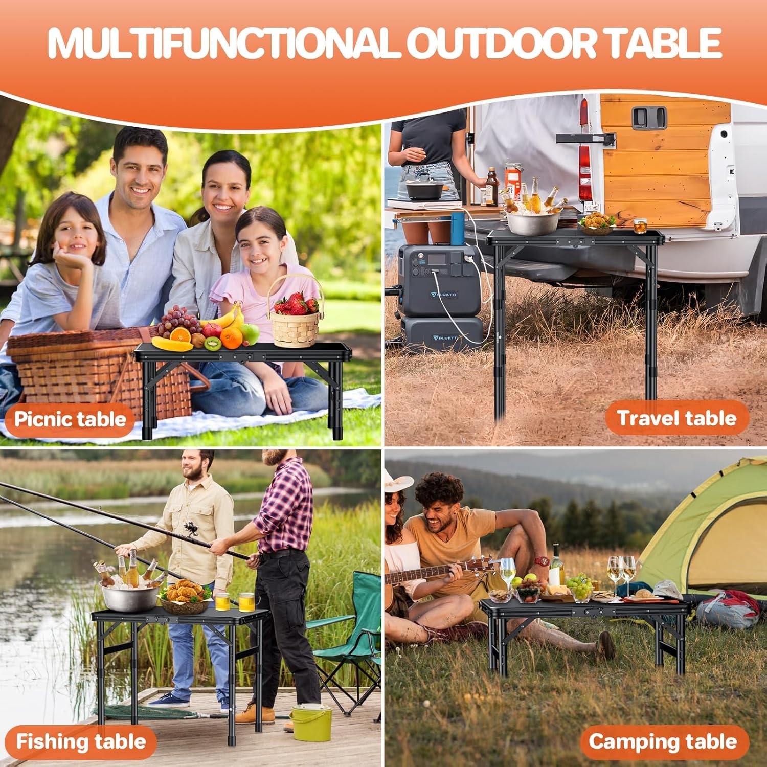 FUNYKICH Camping Table with Plastic Tabletop L22.8''xW15.7'', 3 Height Adjustable Small Folding Table, Lightweight Aluminum Portable Picnic Table with Carry Handle for Camping, Beach, Picnic, Black