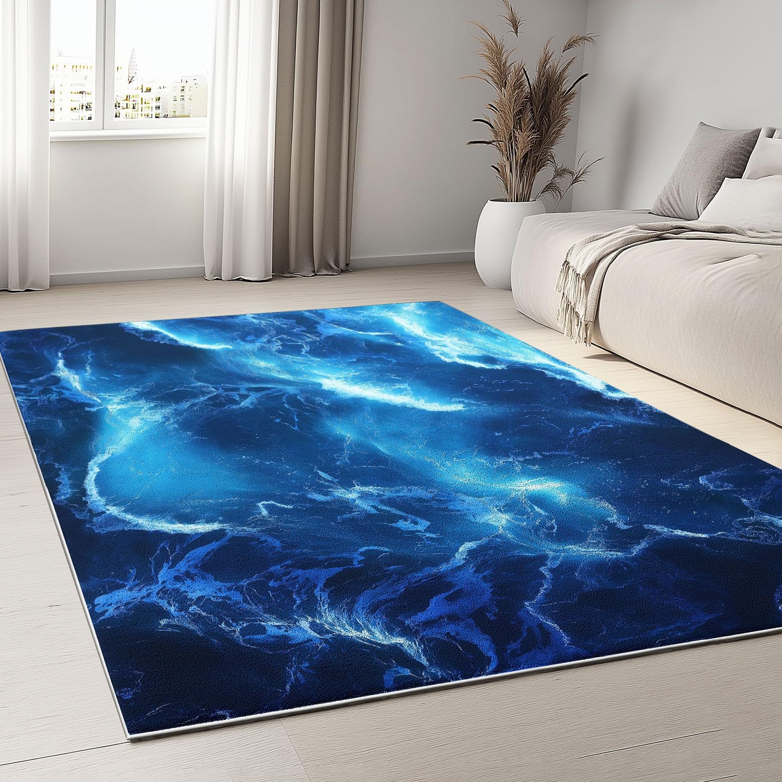 Générique Tapis de Salon Lavable en Machine 140 x 200 cm Doux à Poils Courts Moelleux Texture Vague Océanique Tapis antidérapant, Abstrait Côtier pour Le l'entrée, la Chambre et la Cuisine