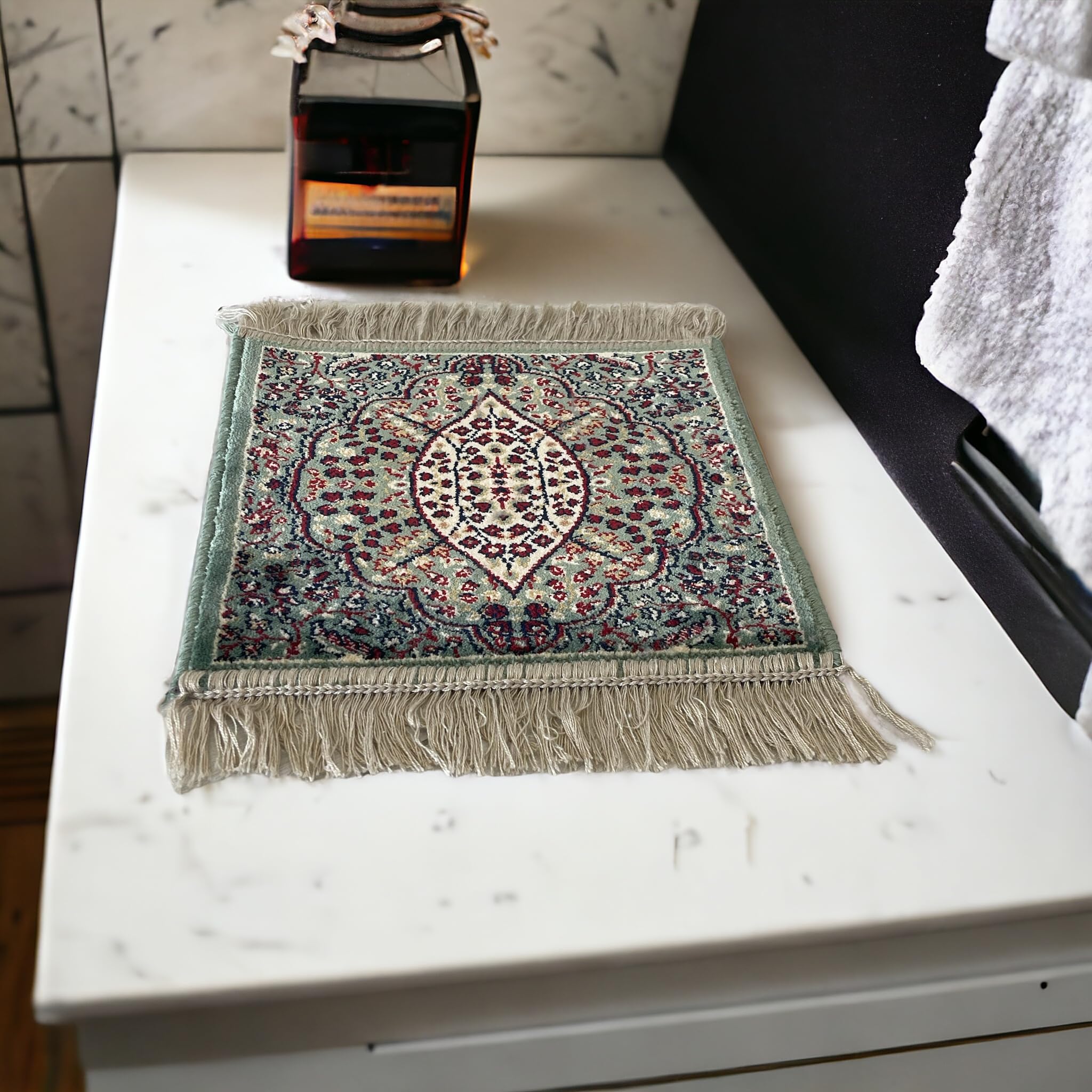 Tappeto Classico Piccolo cm 35x35 Francobollo Quadrato Con Frangia Nappe (35_x_35_cm, Verde_05)