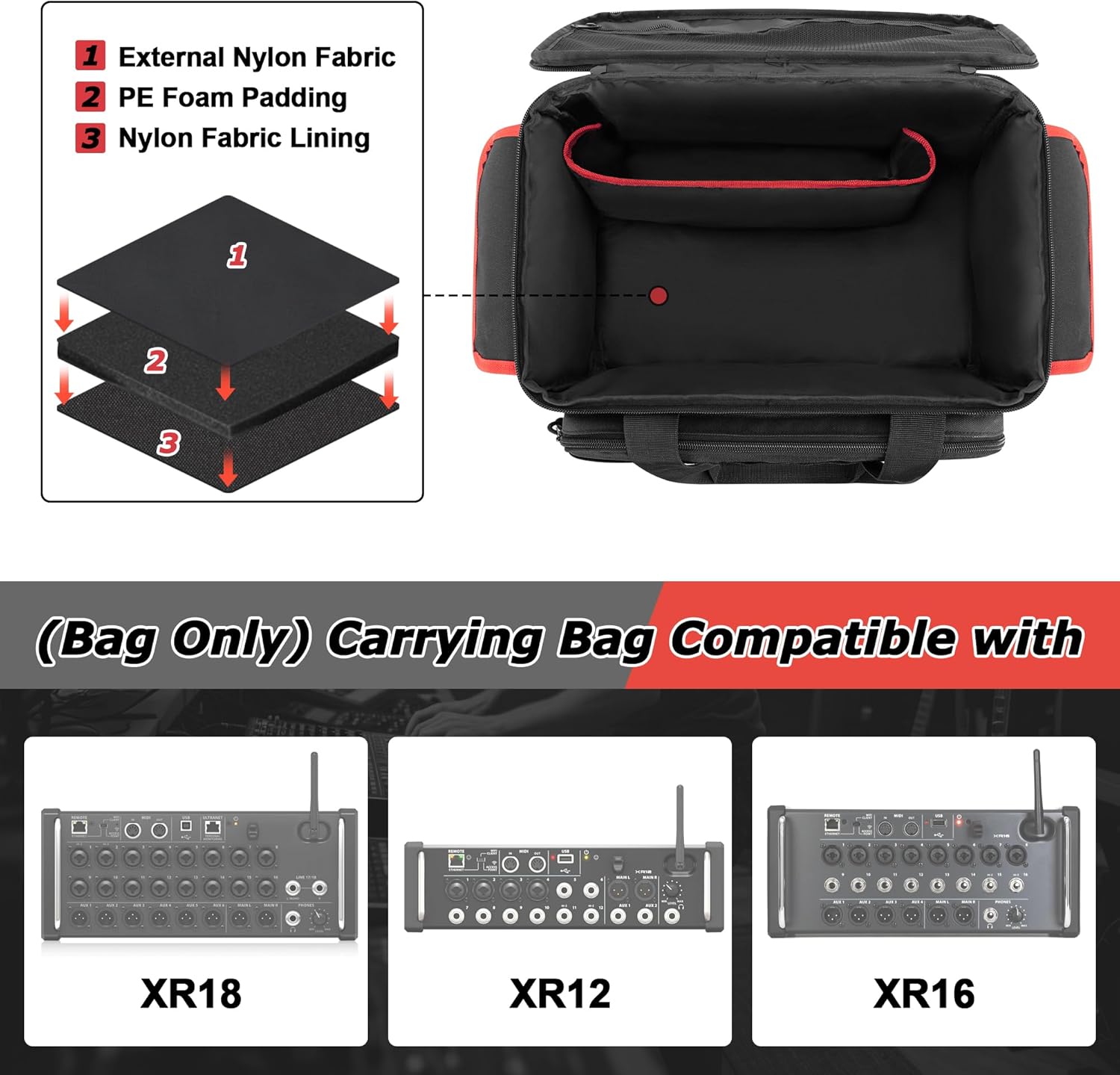 Rexmica Mixer Carrying Bag Compatible with Behringer X-AIR Series Mixers XR18/ XR16/ XR12, Digital Audio Mixer Storage Case, Sound Mixer Bag with Multiple Pockets for Accessories and Cables, Black