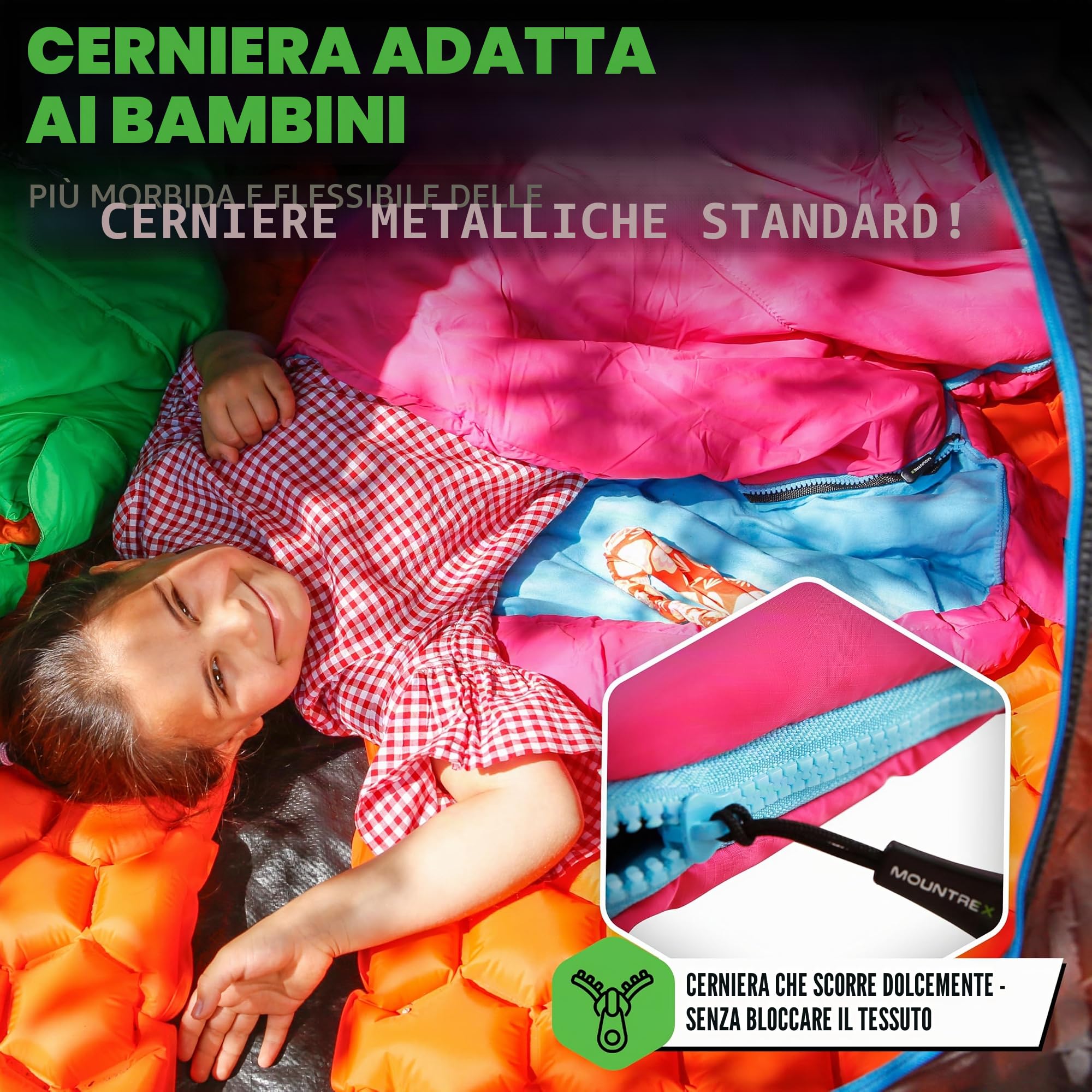 MOUNTREX® Sacco a pelo per bambini, portatile come uno zaino, sacco a pelo per bambini (175 x 70 x 45 cm), per esterni, viaggi, campeggio, sacco a pelo a mummia, leggero e compatto, fodera interna in