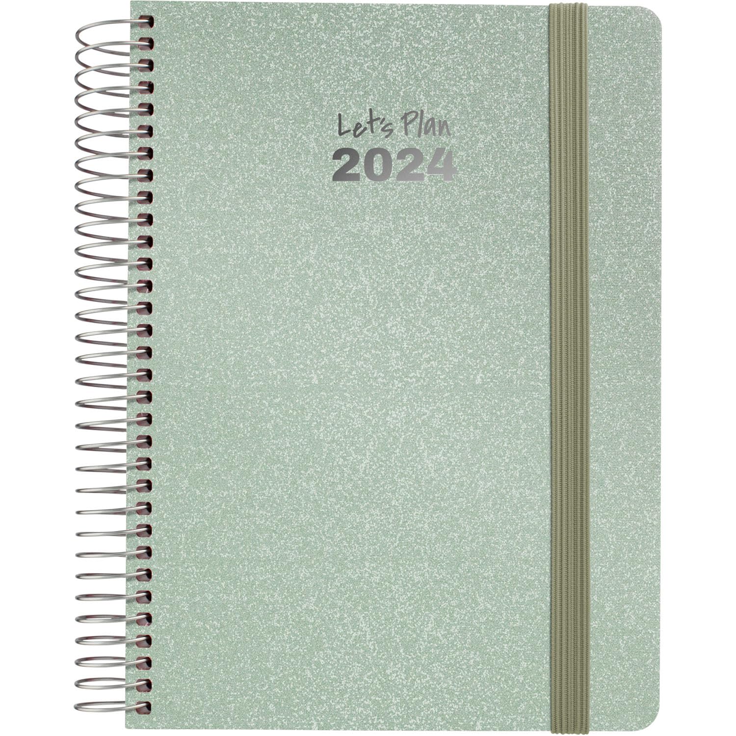 Grafoplás | Agenda 2024 | Light Green | Spanish | 15 x 21 cm | Spiral | Day Page | Hard Cover Lined Metallic Fabric | Elastic Closure | January to December | Metallic Model
