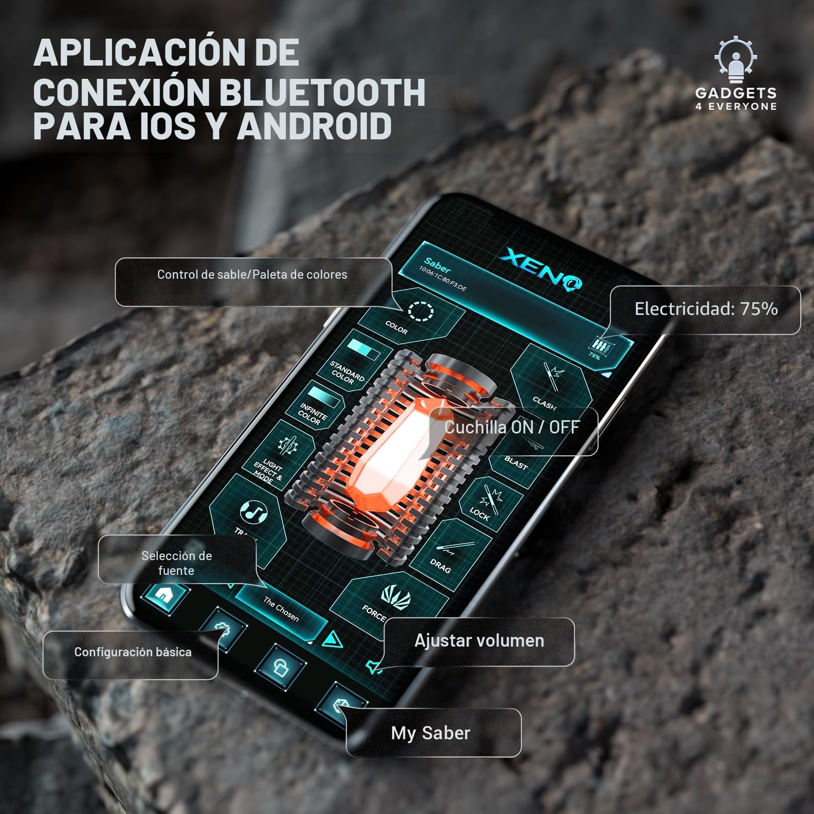 Sable de luz G4E con aplicación Bluetooth, oscilación suave, 16 fuentes de sonido, cambio de color RGB infinito, control de movimiento. RGB mejorado v3.0. Sable de luz para adultos y cosplay (Obi RGB