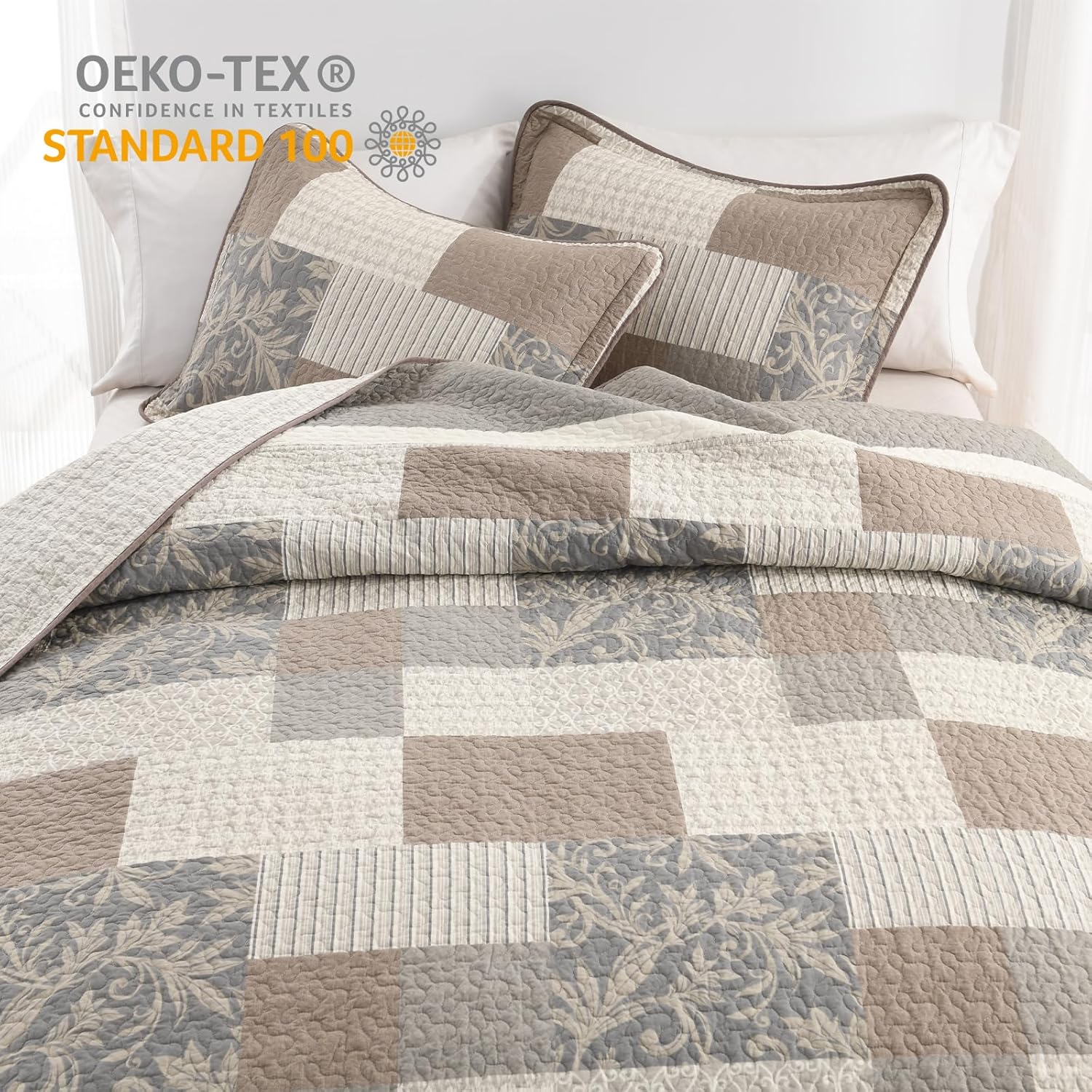 Bedduvit 100% Cotton 120"x102" Oversized Queen Bedspread - Farmhouse Patchwork Plaid Oversized Bedspreads, Vintage Floral Cotton Quilts with 2 Pillow Shams, All Season Bedding Decor, Brown/Beige/Gray