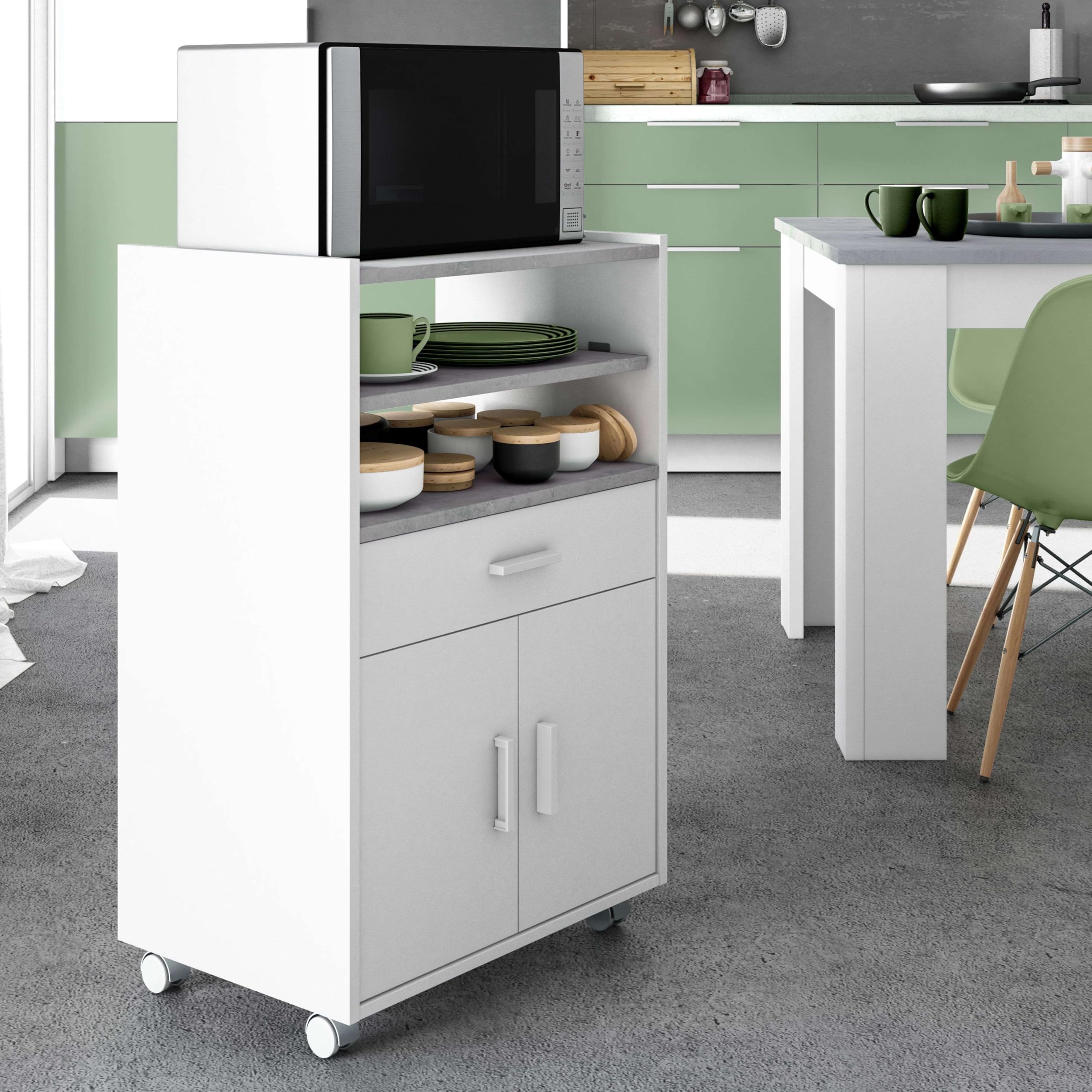 Habitdesign Armadietto ausiliario per microonde, tavolo da cucina con cassetto e due ante, colore bianco e cemento, misure: 92 cm (altezza) x 59 cm (larghezza) x 40 cm (profondità)