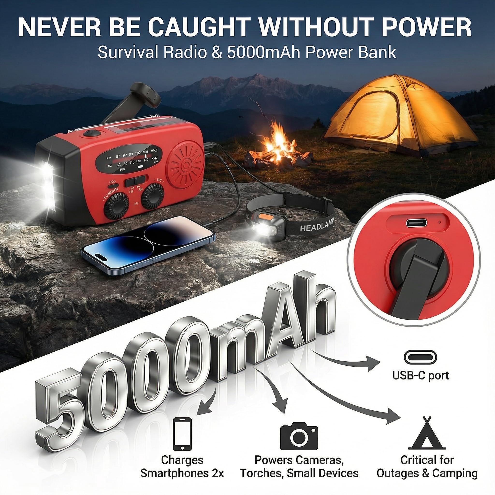 Radio Solar de Emergencia 5000mAh, ZDAGELD Radio Manivela Am/FM, Portátil Power Bank con Linterna LED, USB-C, SOS, Equipo de Supervivencia para Camping, Senderismo y Cortes de Luz