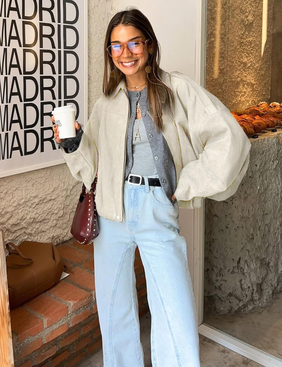 Women's Cropped Faux Suede Bomber Jacket Fall Casual Oversized Shacket Coat Long Sleeve Trendy Outerwear