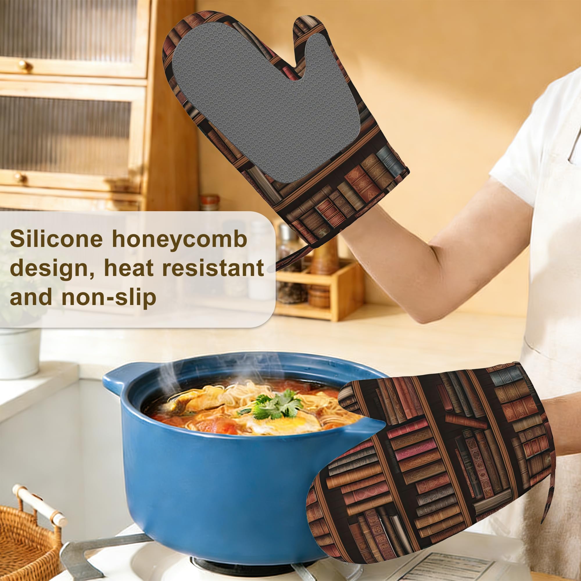 Ofenhandschuhe und Topflappen, Silikon, Küchenzubehör, Set mit 4 hitzebeständigen Handschuhen, Bücherregalen, Topflappen, rutschfester Griff für Koch, Kochen, Backen, Grillen, BBQ