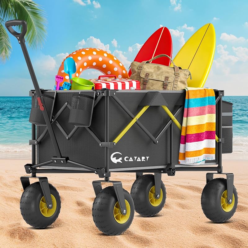 CAtArt Beach Wagon with Big Wheels for Sand, 400LBS Foldable Wagons Carts | Heavy Duty Wagons Cart, 9" All-Terrain PVC Inflatable Tires, Easy Storage for Beach, Grocery Shopping, Sports Camping (Black)