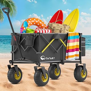 CAtArt Beach Wagon with Big Wheels for Sand, 400LBS Foldable Wagons Carts | Heavy Duty Wagons Cart, 9" All-Terrain PVC Inflatable Tires, Easy Storage for Beach, Grocery Shopping, Sports Camping (Black)
