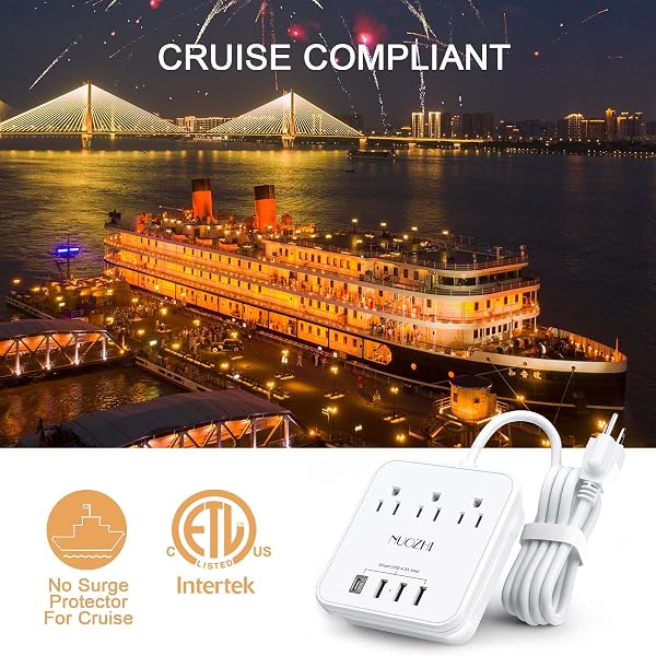 Cruise Essentials, NUOZHI 6 Ft Power Strip with 3 Outlets and 4 USB Ports(1 USB C), Non Surge Protector for Cruise Ship, Travel, Home Office, ETL Listed, White 6 Ft White - 5