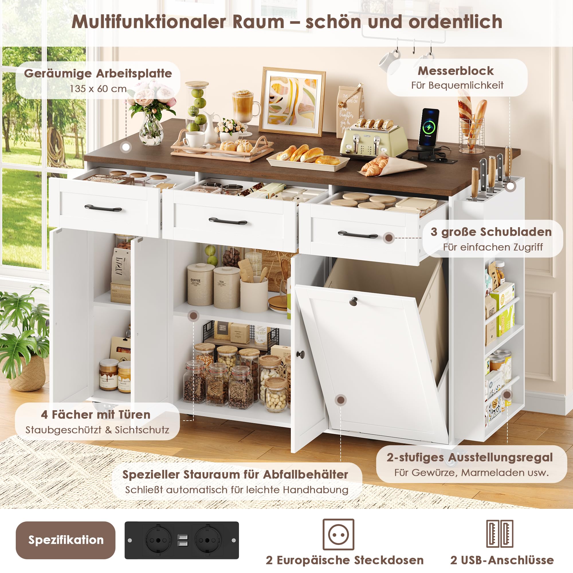 FirFurd Kücheninsel freistehend mit Rollen, Küchenwagen mit Steckdoseleiste | Kücheninsel mit klappbarer Arbeitsplatte, Küchenwagen mit Messerblock, Servierwagen für Küche, Esszimmer, 135x60x88cm weiß