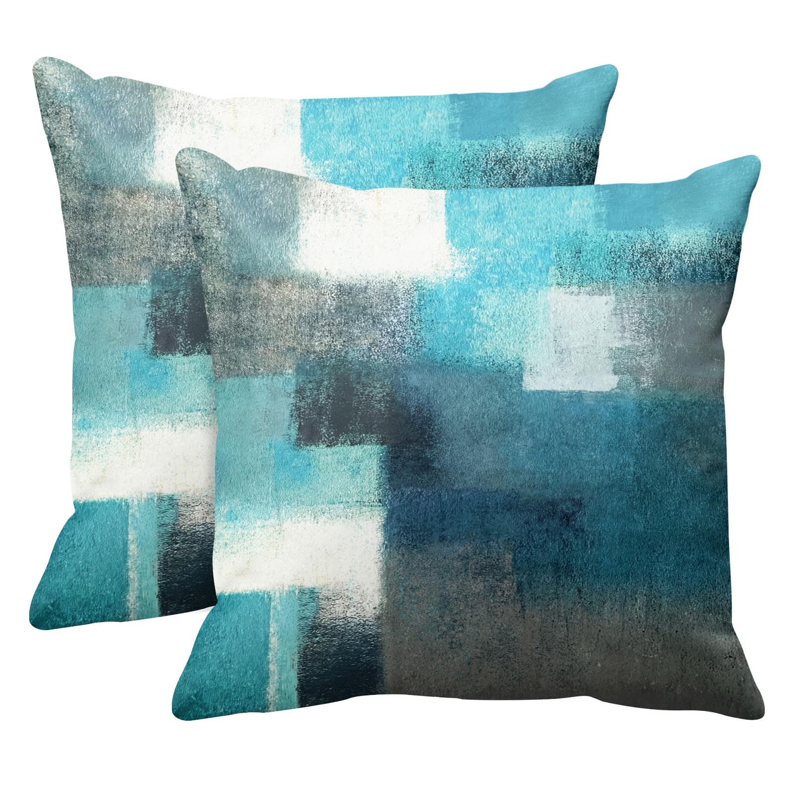 Emvency Set of 2 Turquoise White and Gray Throw Pillow Covers Modern Abstract Teal Painting Decorative Pillow Cases Home Decor Standard Square 24x24