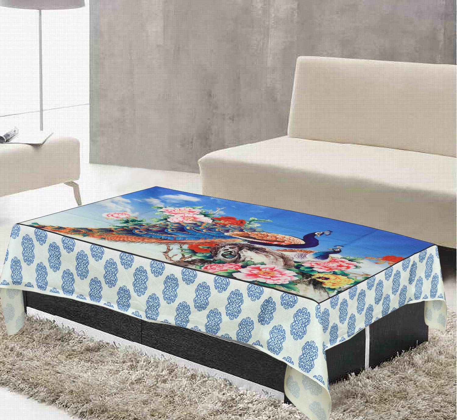Kuber Industries Peacock Print Jute 4 Seater Dining Table Cover, Blue- (KUBMART011615), Standard
