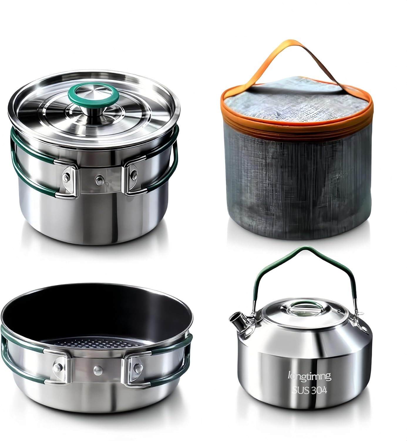 Stainless Steel Camping Cookware, durable, easy to clean, and quick to heat up. Durable camping pots and pans, perfect for family picnics, camping, backpacking, hiking.