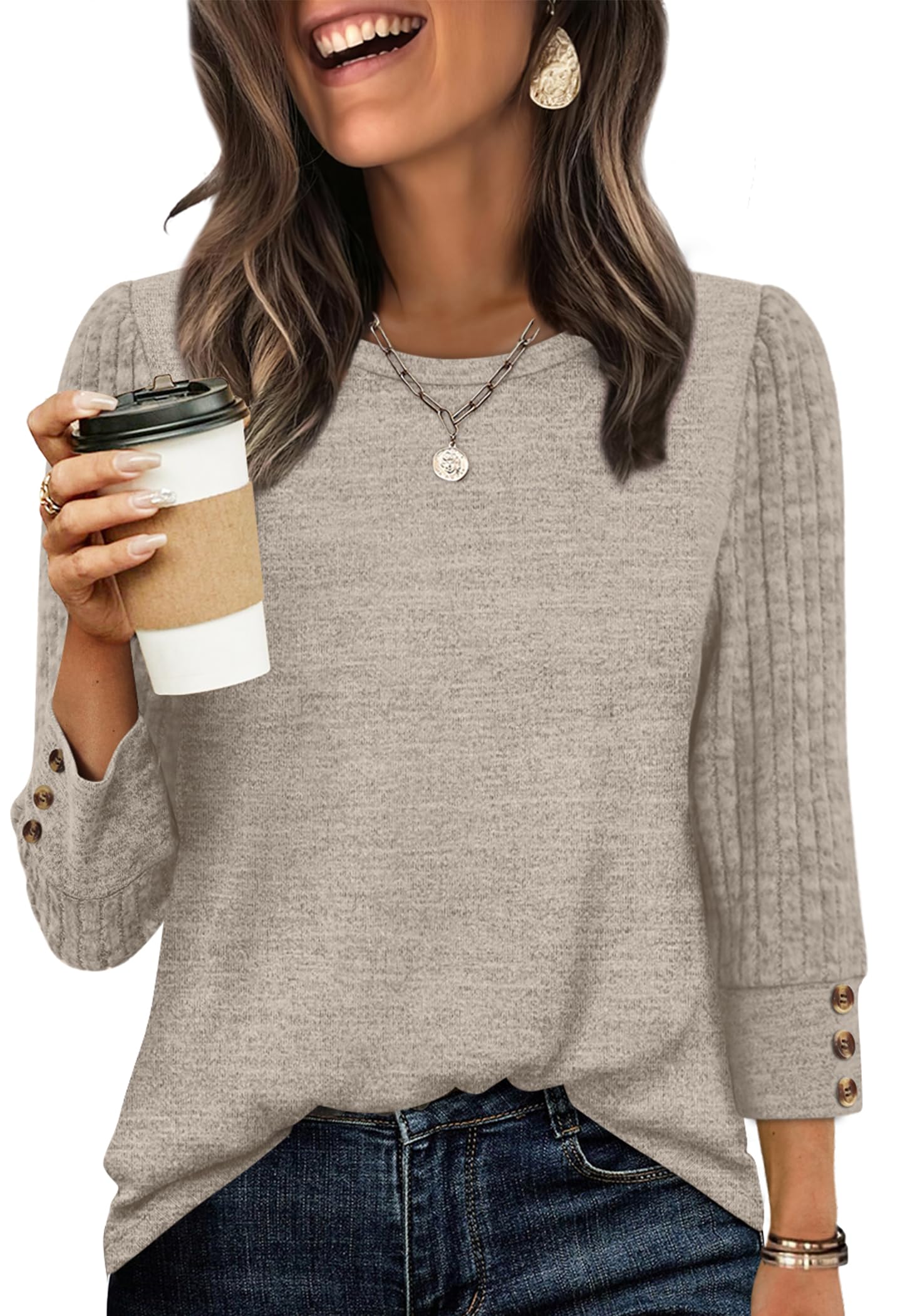 WIHOLL Long Sleeve Shirts for Women Lightweight Sweaters 3 4 Length Sleeve Fall Outfits 2025 Winter Clothing Dressy