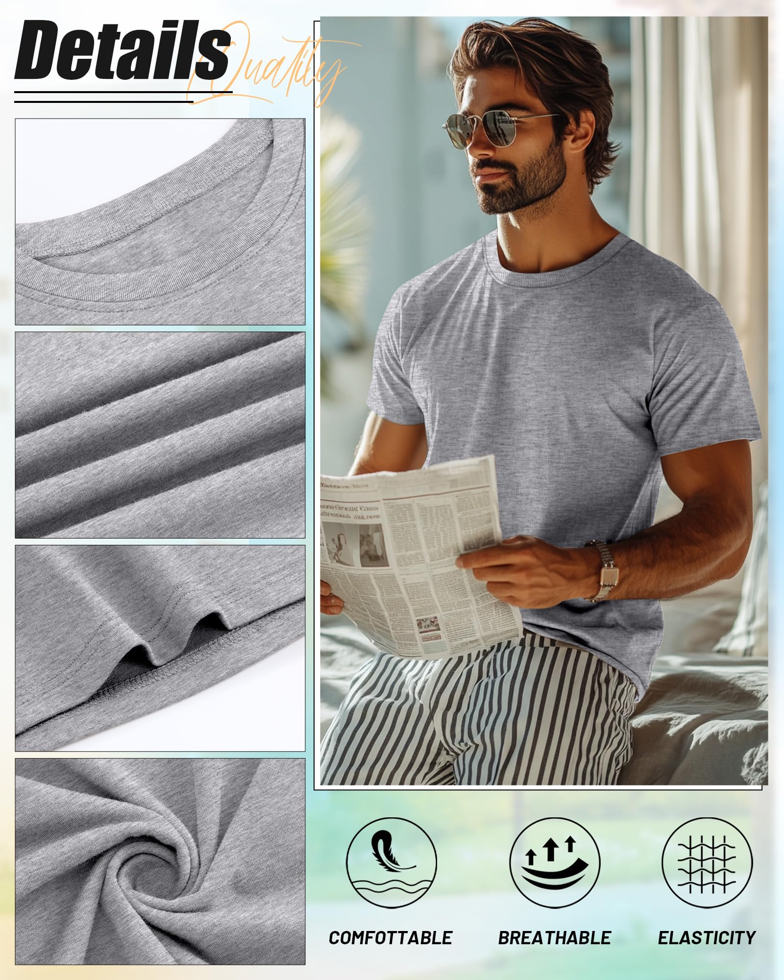 Neer Paquete de 7 camisetas de verano de algodón de manga corta para hombre, cuello redondo, estilo informal, básicas, de gran tamaño