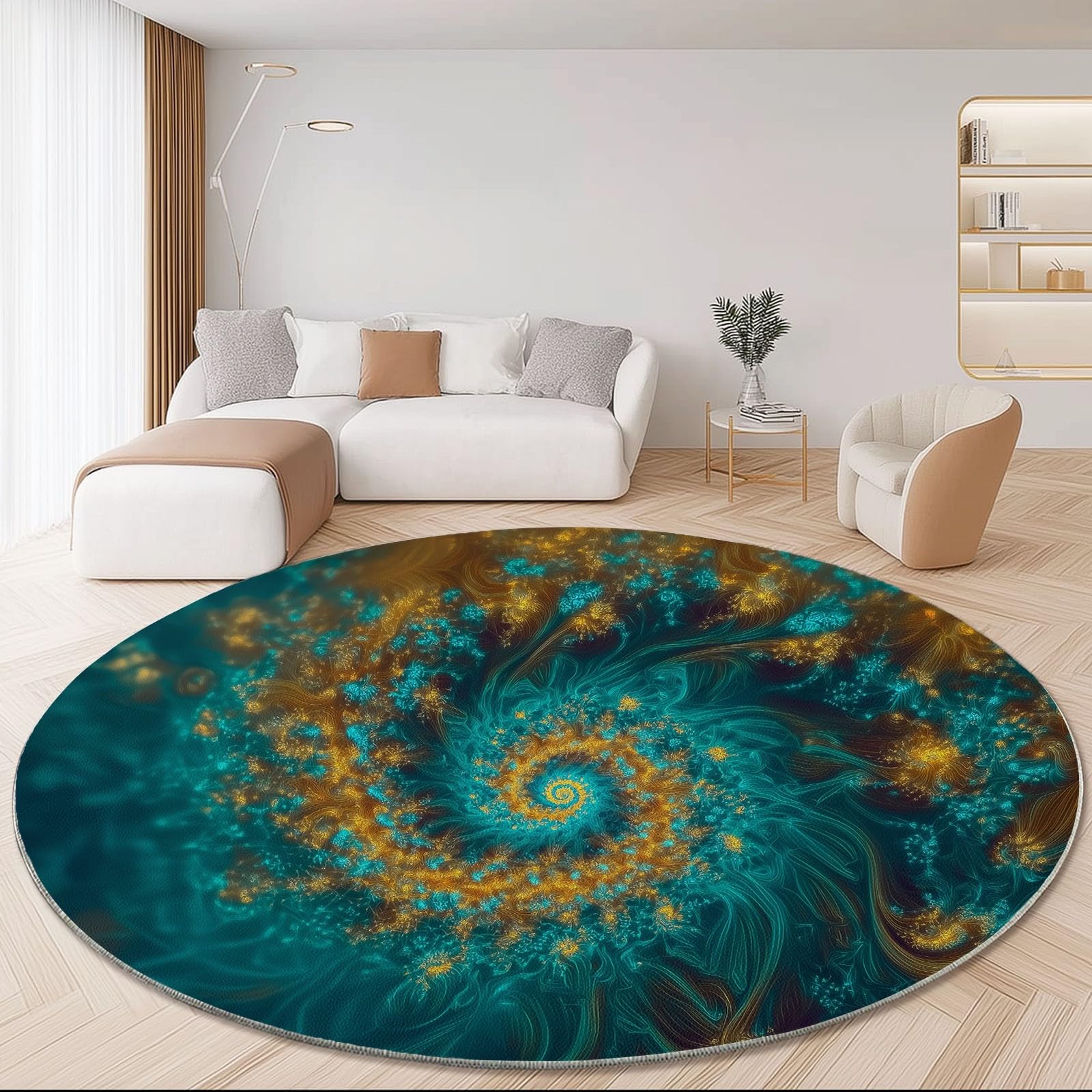 Tappeto Rotondo con vortici psichedelici, Tappeto Grande per Soggiorno, Lavabile e Antiscivolo, Diametro 120 cm, Turchese, Tappetino Decorativo per Camera da Letto, tappeti per la