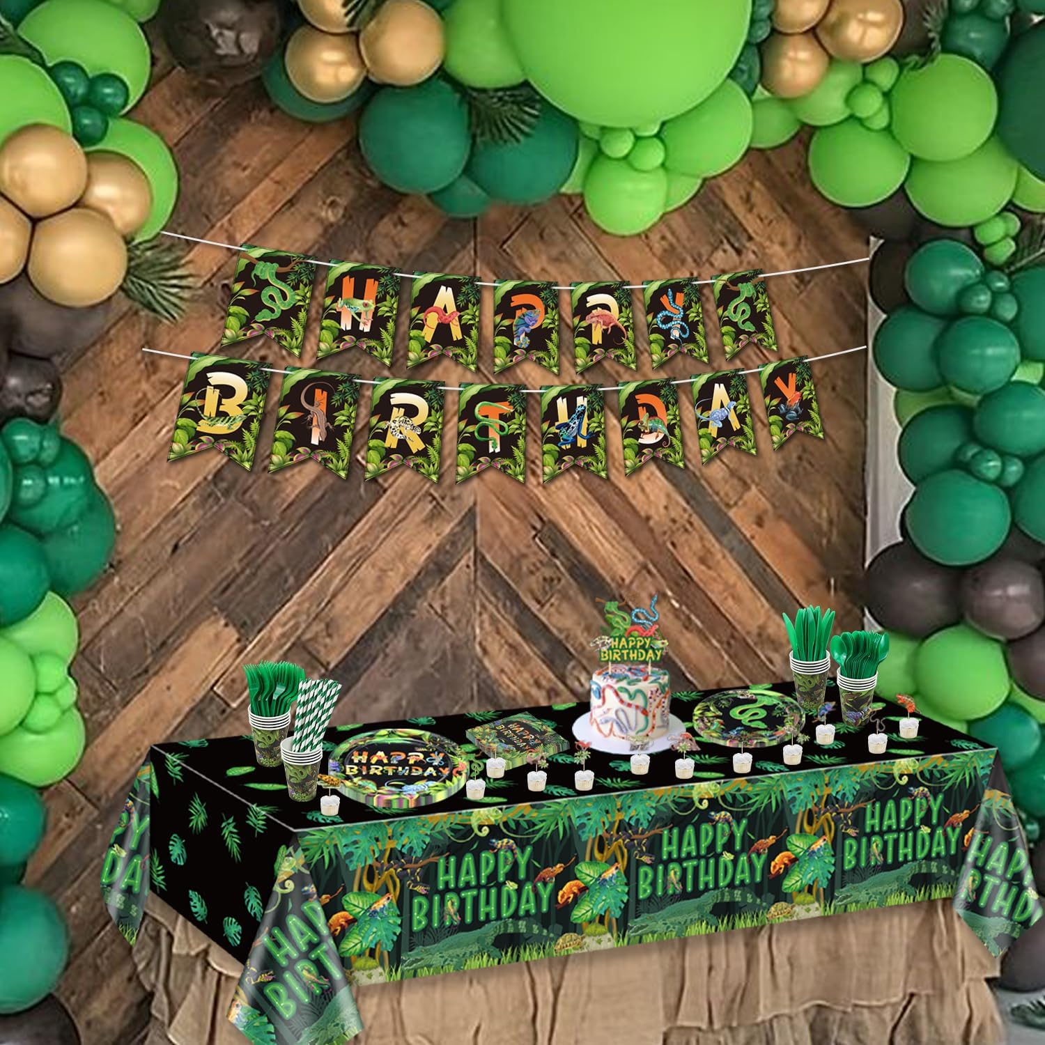 175Pcs Reptile Party Decorations - Includings Reptile Plates, Napkin, Cups, Birthday Banner, Cake Topper for Jungle Safari Lizard Swamp Birthday Party Supplies, Serve 20 - Image 7