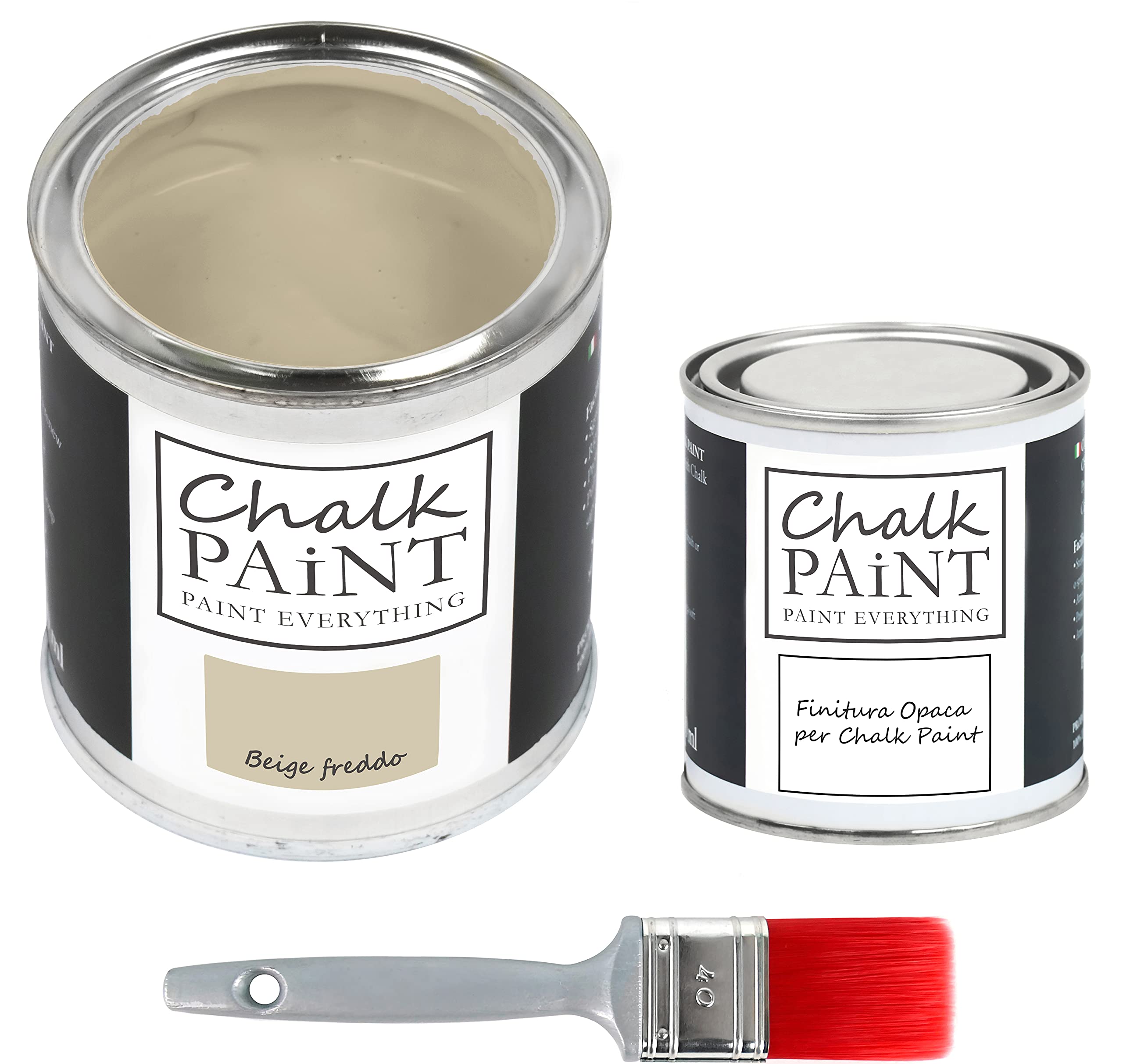 CHALK PAINT EVERYTHING Beige Freddo & FINITURA + PENNELLO - Kit Pronto Vernicia e Proteggi (750 ml Colore + 250 ml Finitura + Pennello Professionale 40 mm)