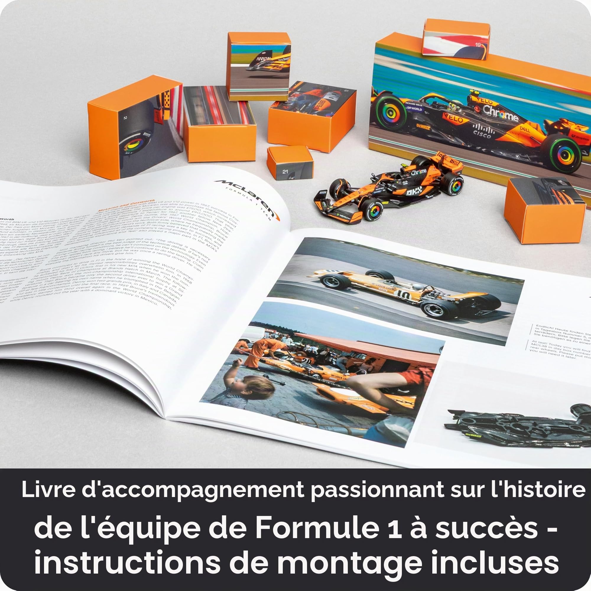 FRANZIS McLaren Racing 67391 Calendrier de l'Avent 2025 avec modélisme à l'échelle 1:43, avec module sonore et livre d'accompagnement de 52 pages