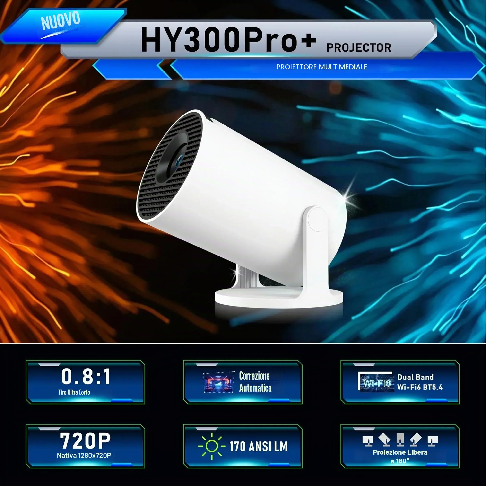 Mini Proiettore, Proiettore Portatile 4K, Upgraded Videoproiettore con Bluetooth 5.4 WiFi 6, Ruotabile 180°, Android 14, Correzione Trapezoidale Projector Compatibile iPhone/Android/PC (Bianco)